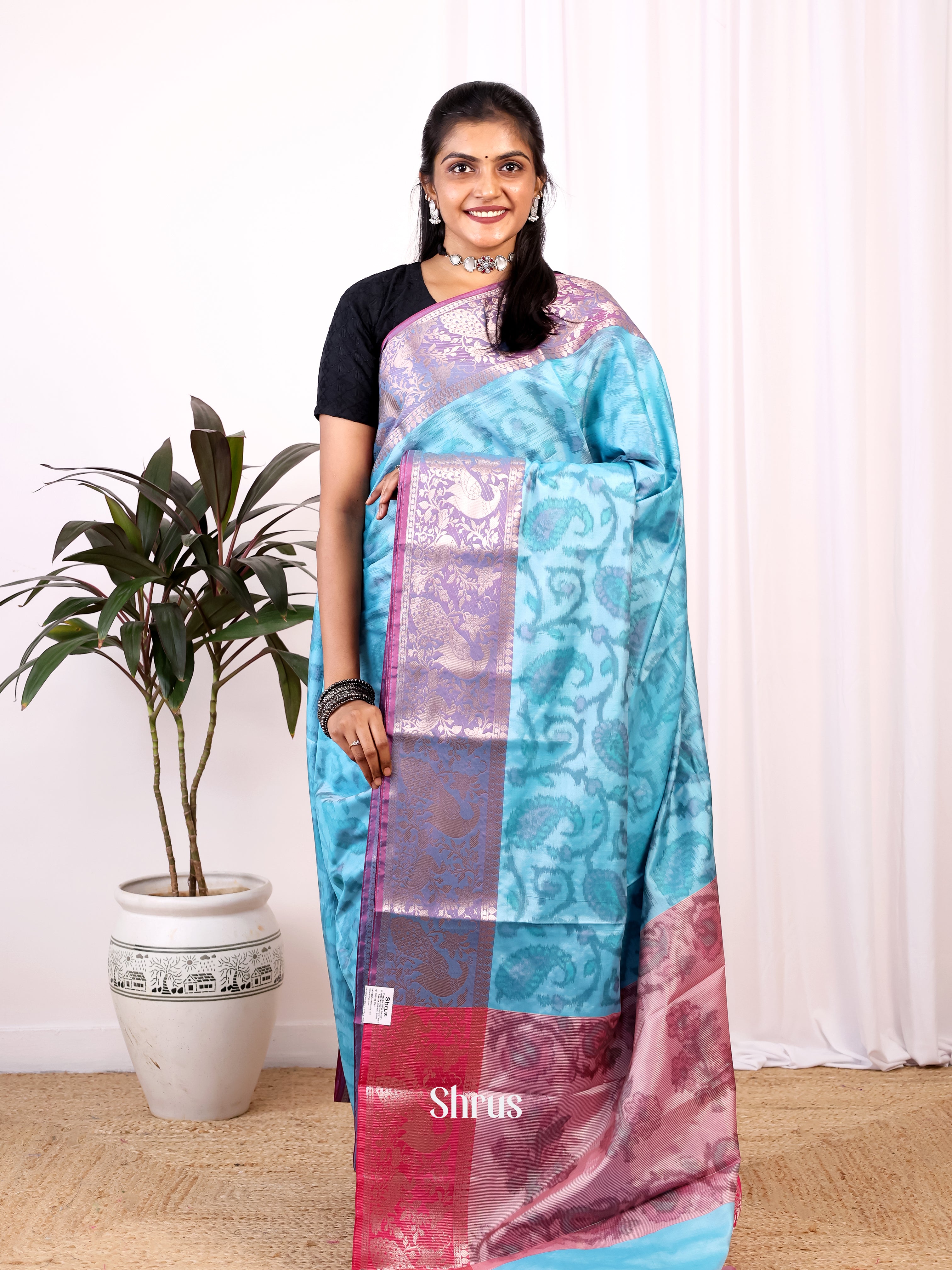 Blue & Pink- Semi Ikkat Saree - Shop on Shrus.com