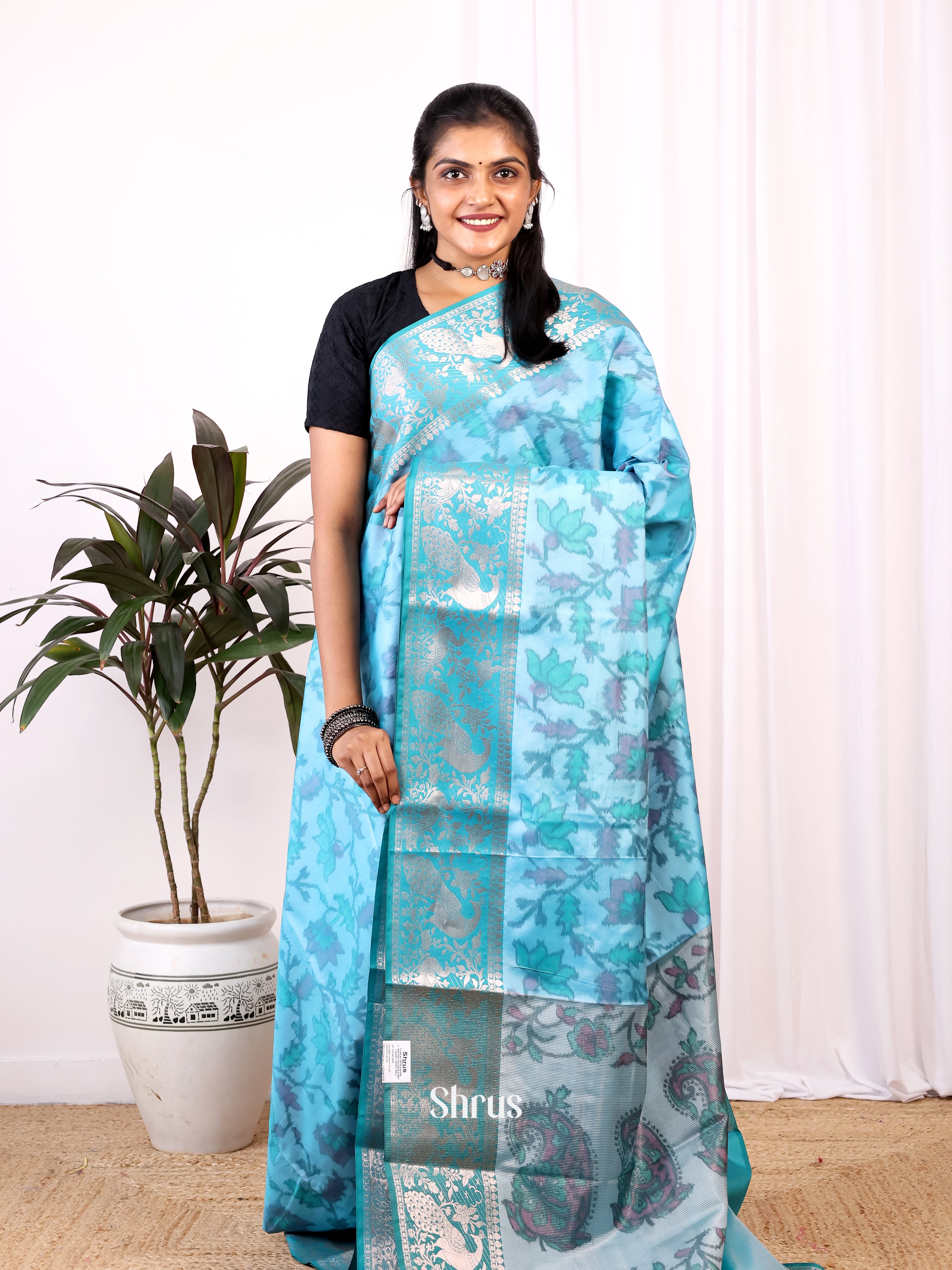 Blue - Semi Ikkat Saree - Shop on Shrus.com