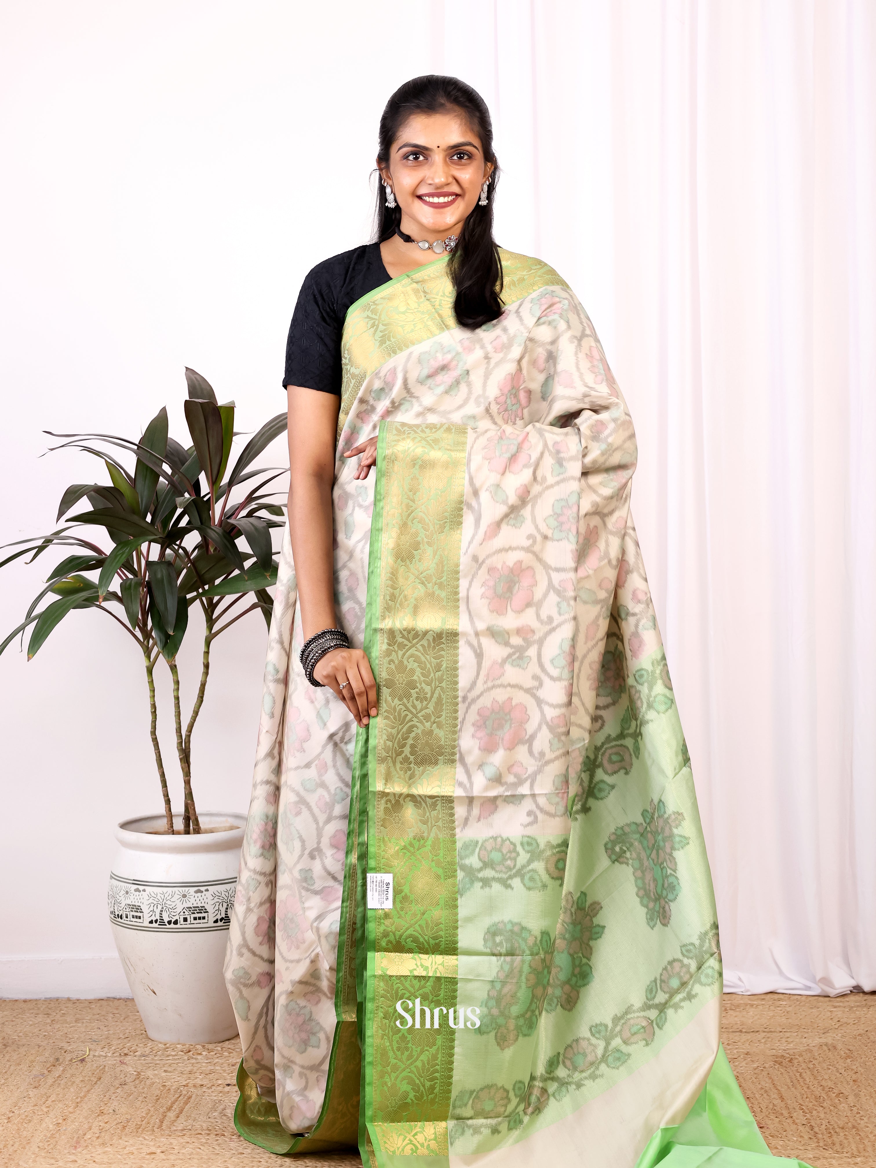 Cream & Green - Semi Ikkat Saree - Shop on Shrus.com