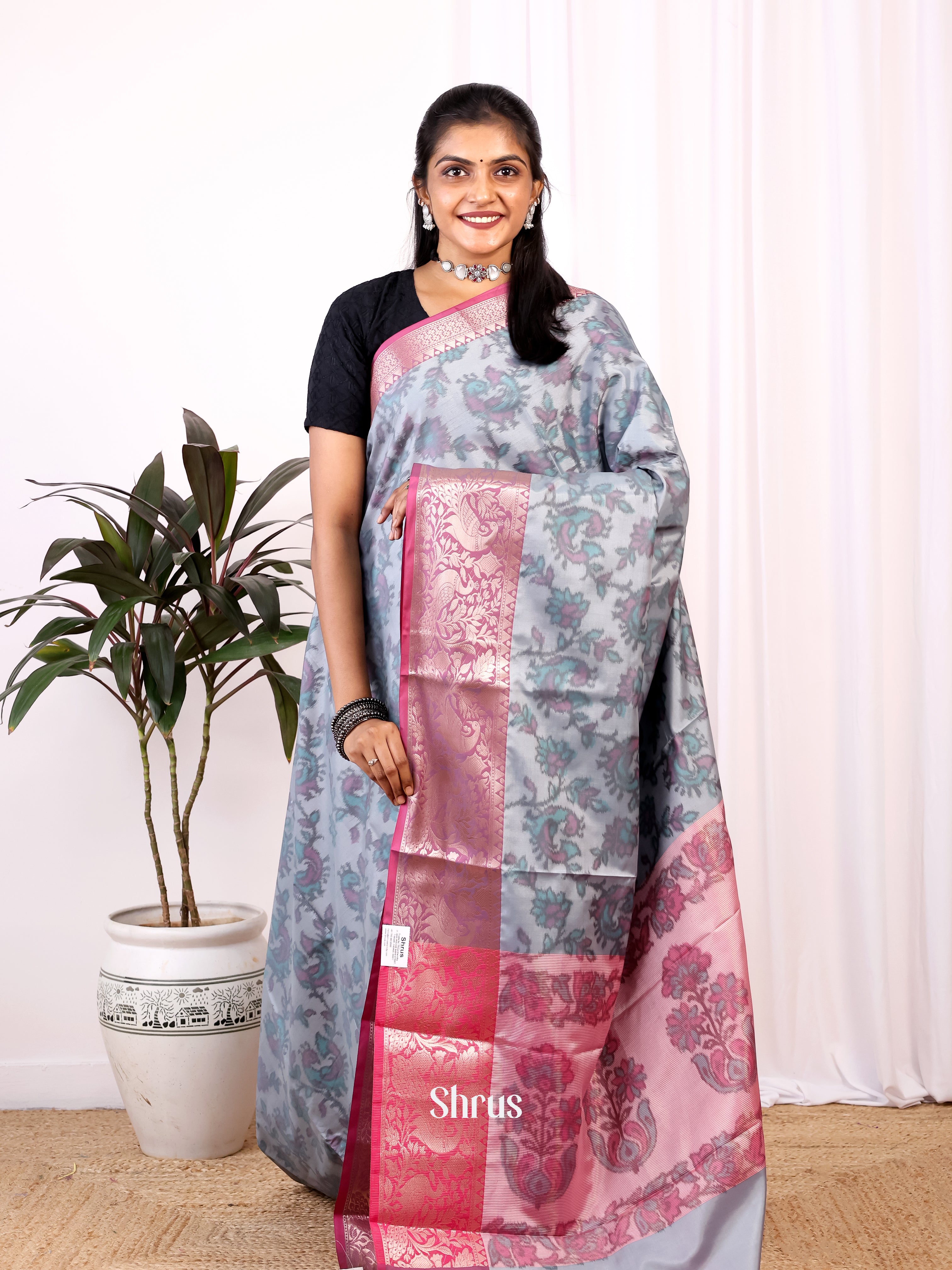 Grey & Pink - Semi Ikkat Saree - Shop on Shrus.com