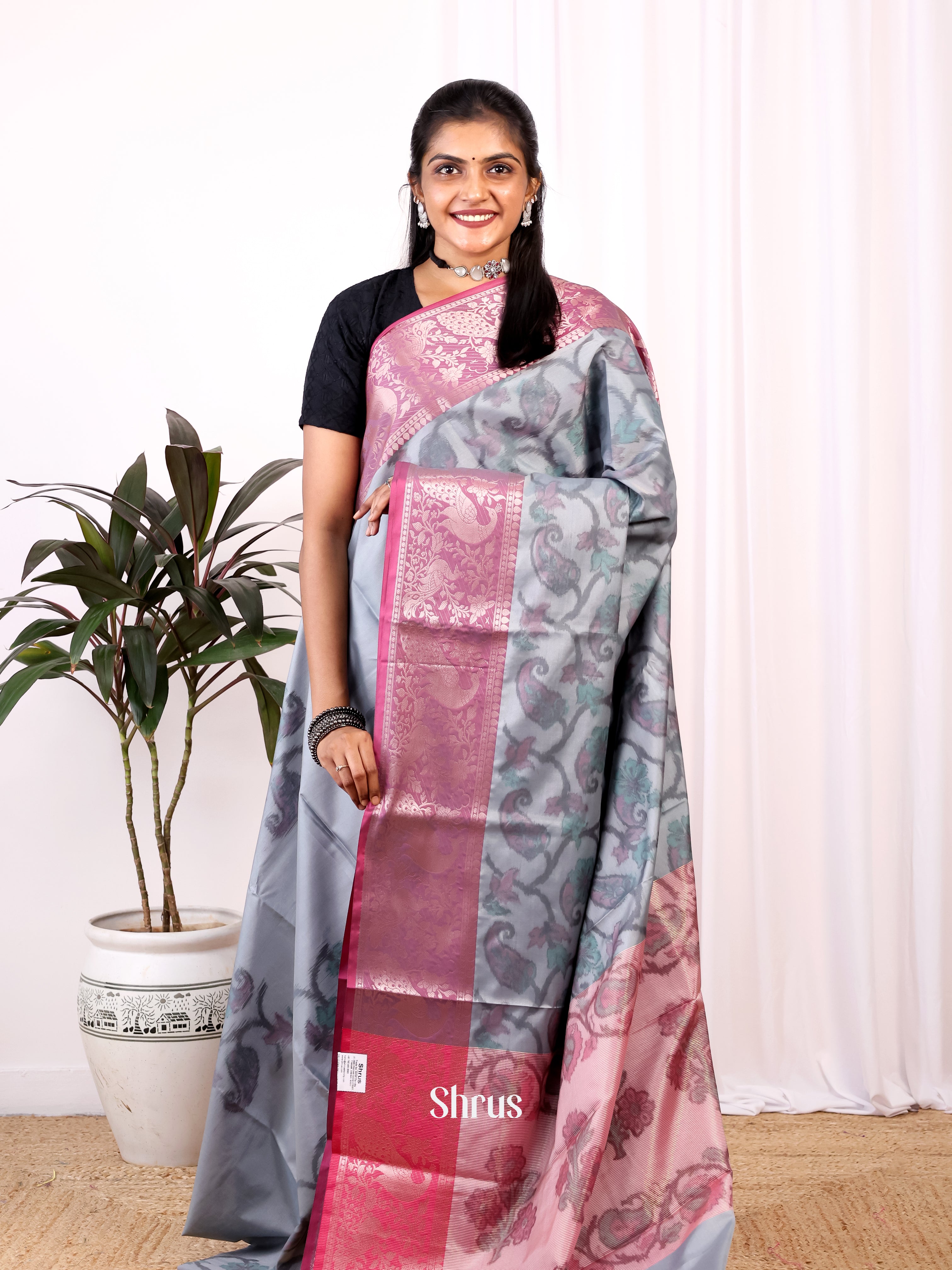 Grey & Pink - Semi Ikkat Saree - Shop on Shrus.com