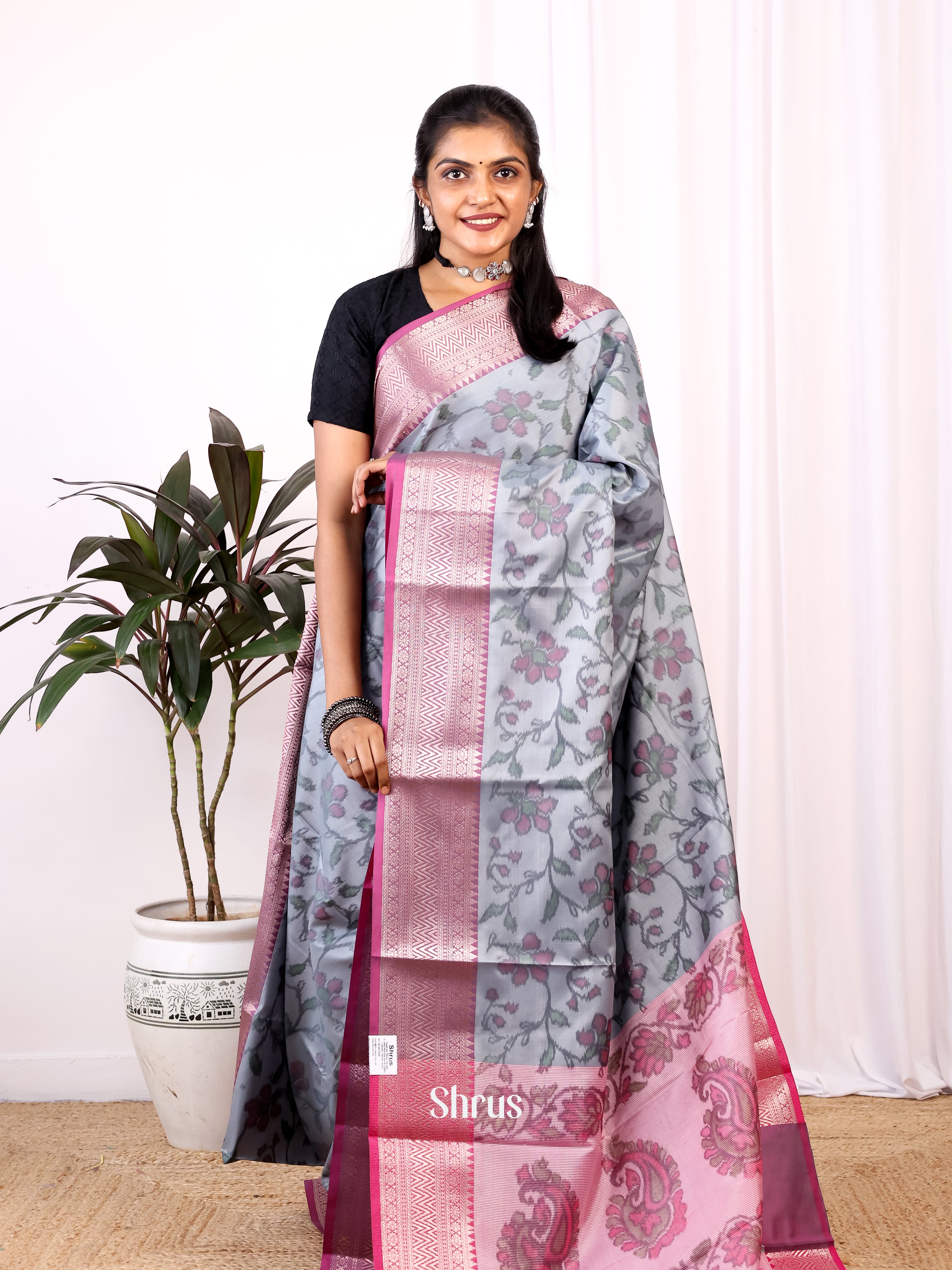 Grey & Pink - Semi Ikkat Saree - Shop on Shrus.com