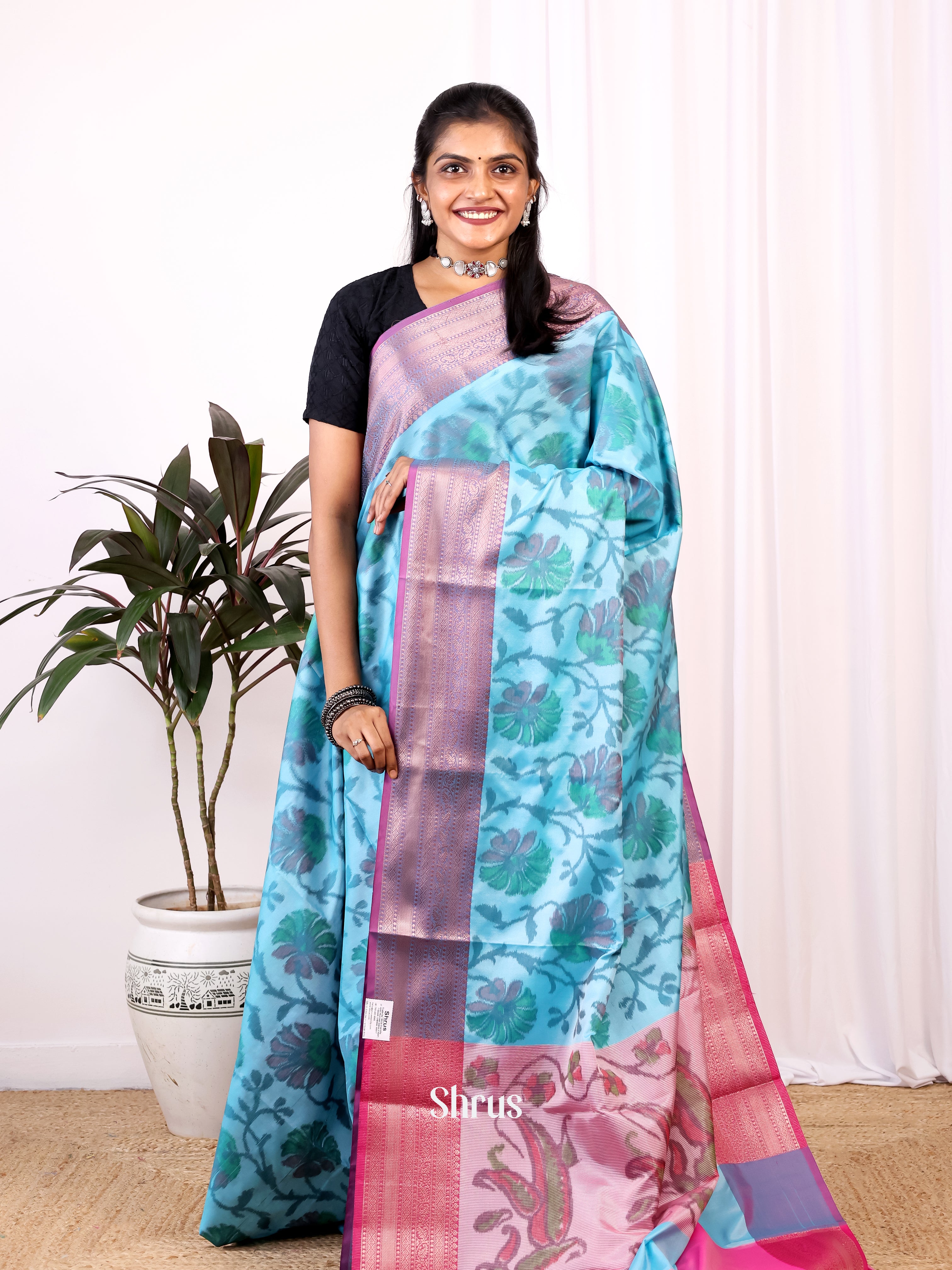 Blue & Pink - Semi Ikkat Saree - Shop on Shrus.com