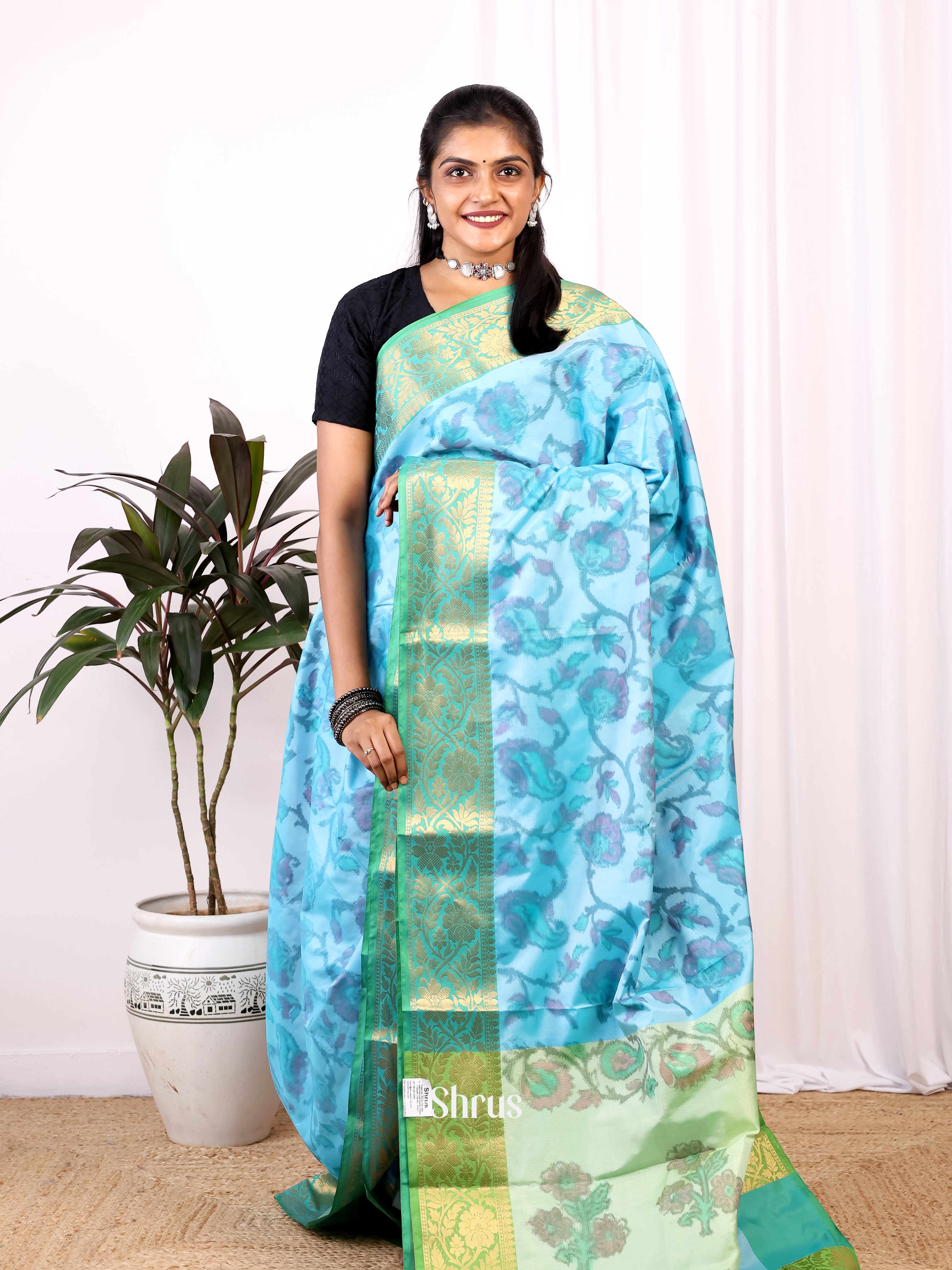 Blue & Green- Semi Ikkat Saree - Shop on Shrus.com