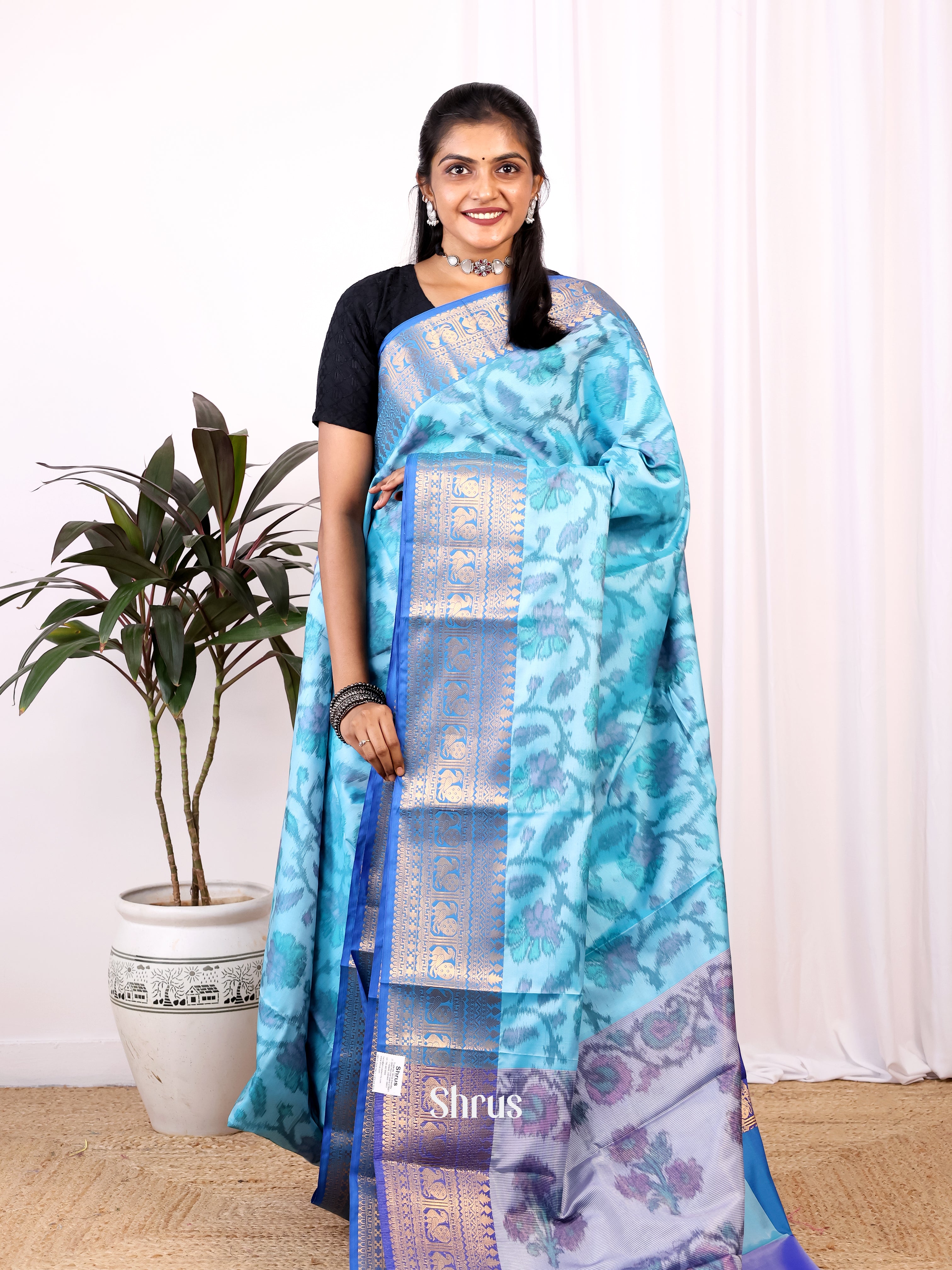 Blue & Purple- Semi Ikkat Saree - Shop on Shrus.com