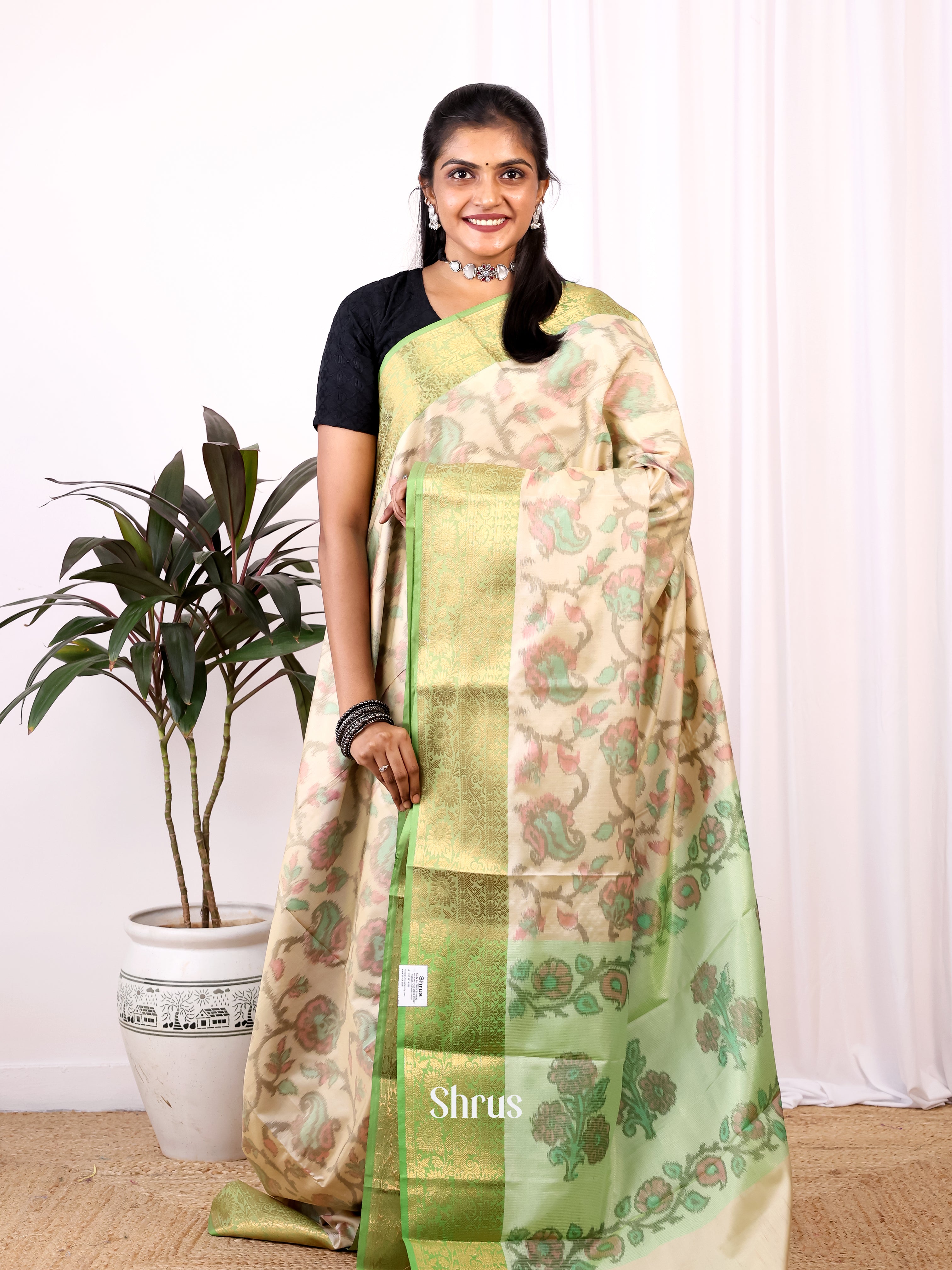 Cream & Green - Semi Ikkat Saree - Shop on Shrus.com