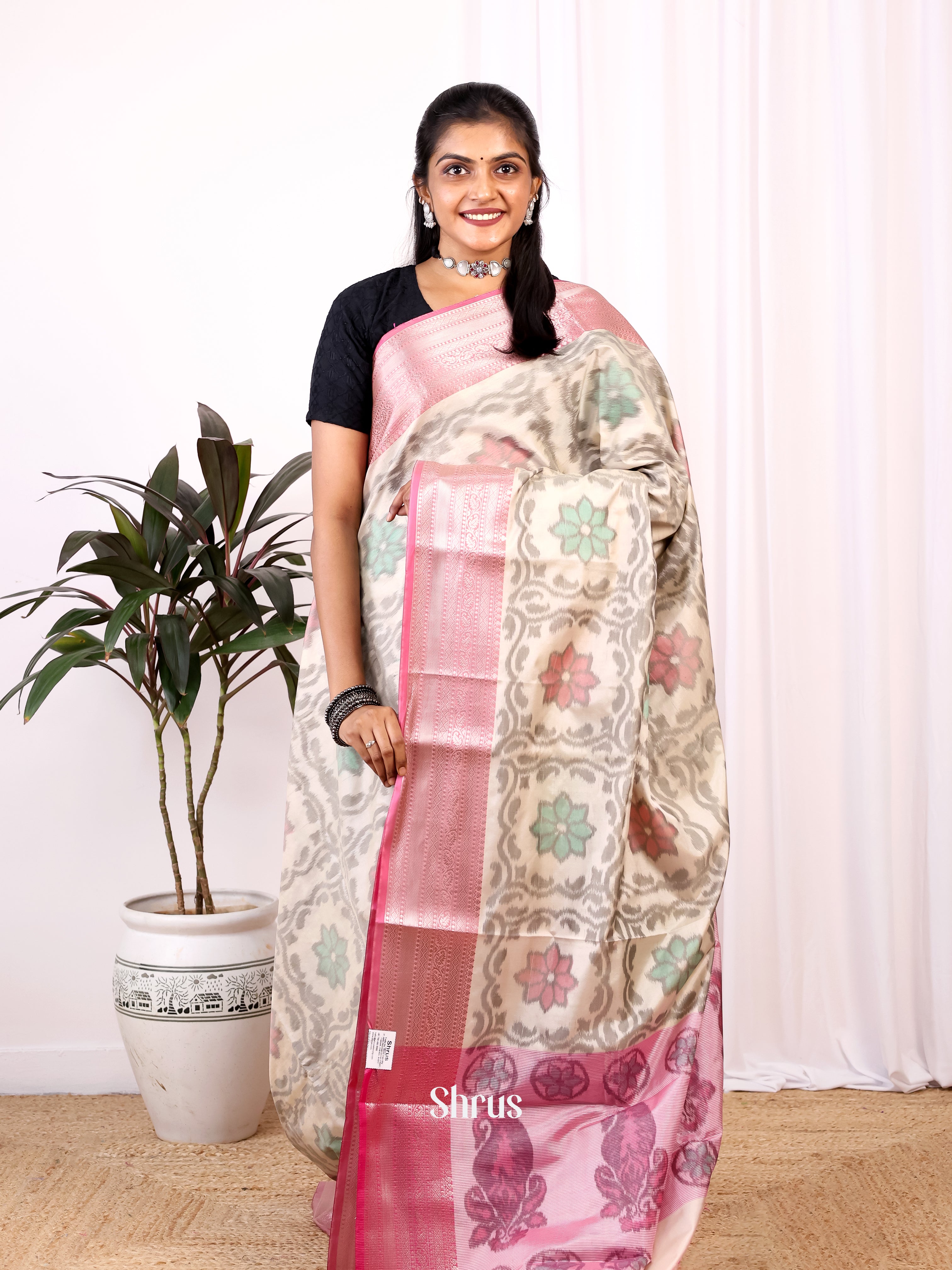 Cream & Pink - Semi Ikkat Saree - Shop on Shrus.com