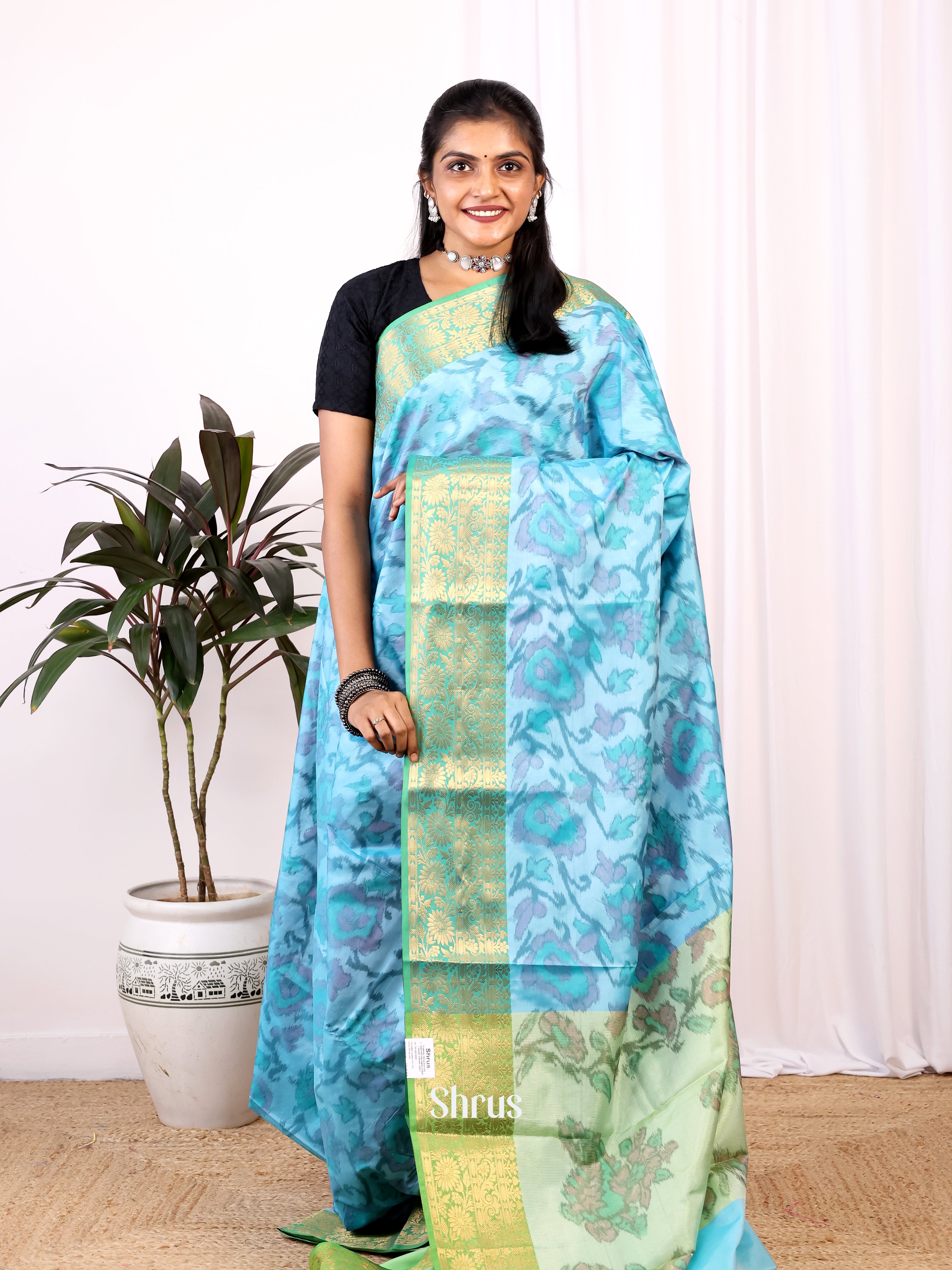 Blue & Green - Semi Ikkat Saree - Shop on Shrus.com