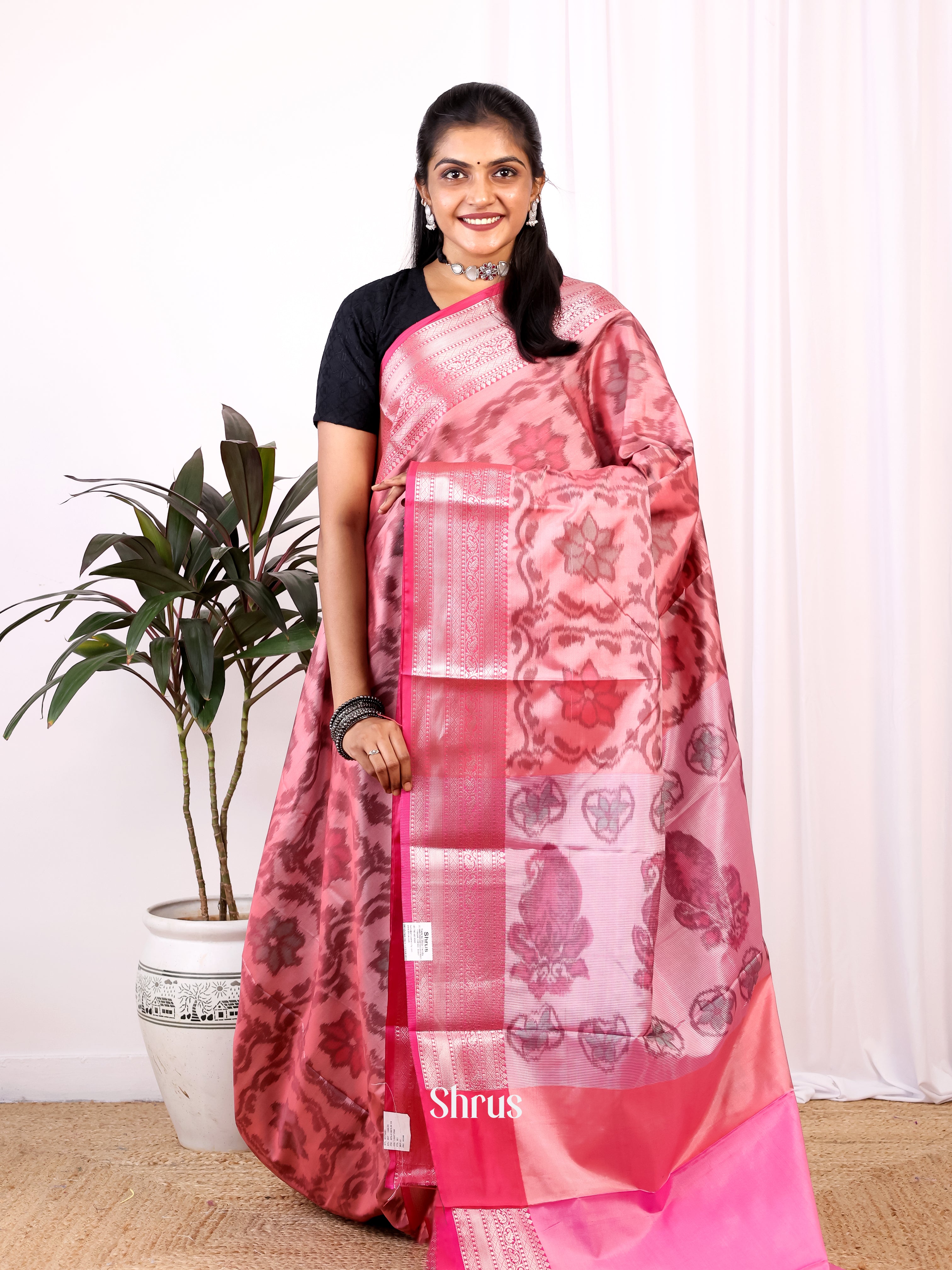 Pink - Semi Ikkat Saree - Shop on Shrus.com