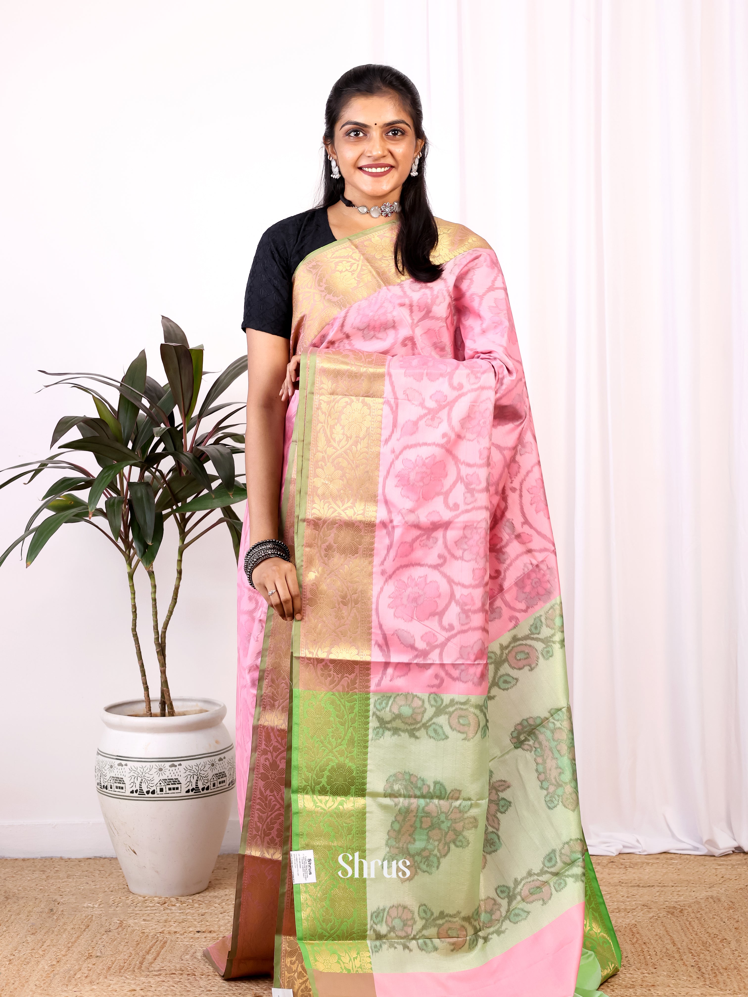 Pink & Green - Semi Ikkat Saree - Shop on Shrus.com