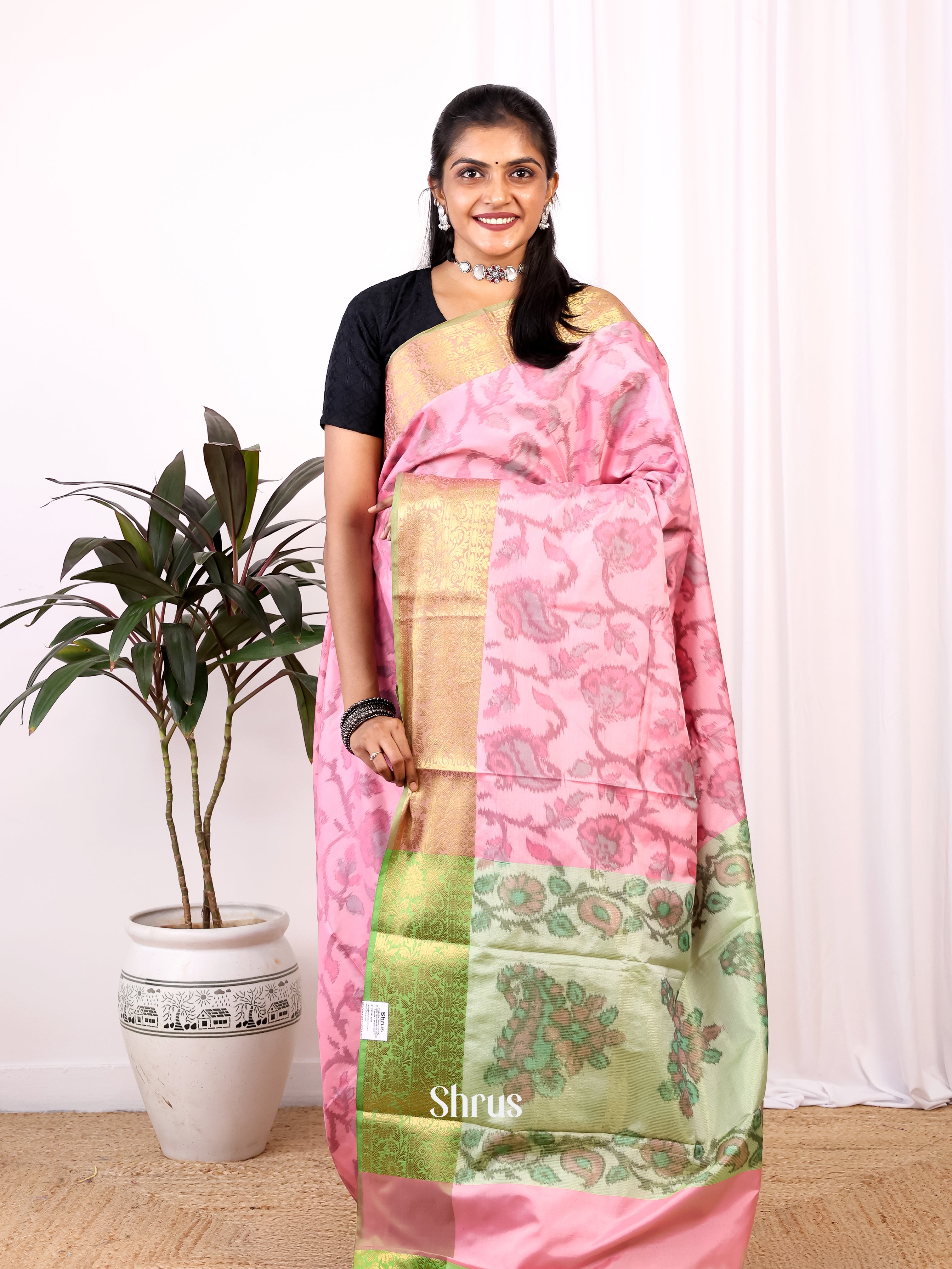 Pink & Green- Semi Ikkat Saree - Shop on Shrus.com