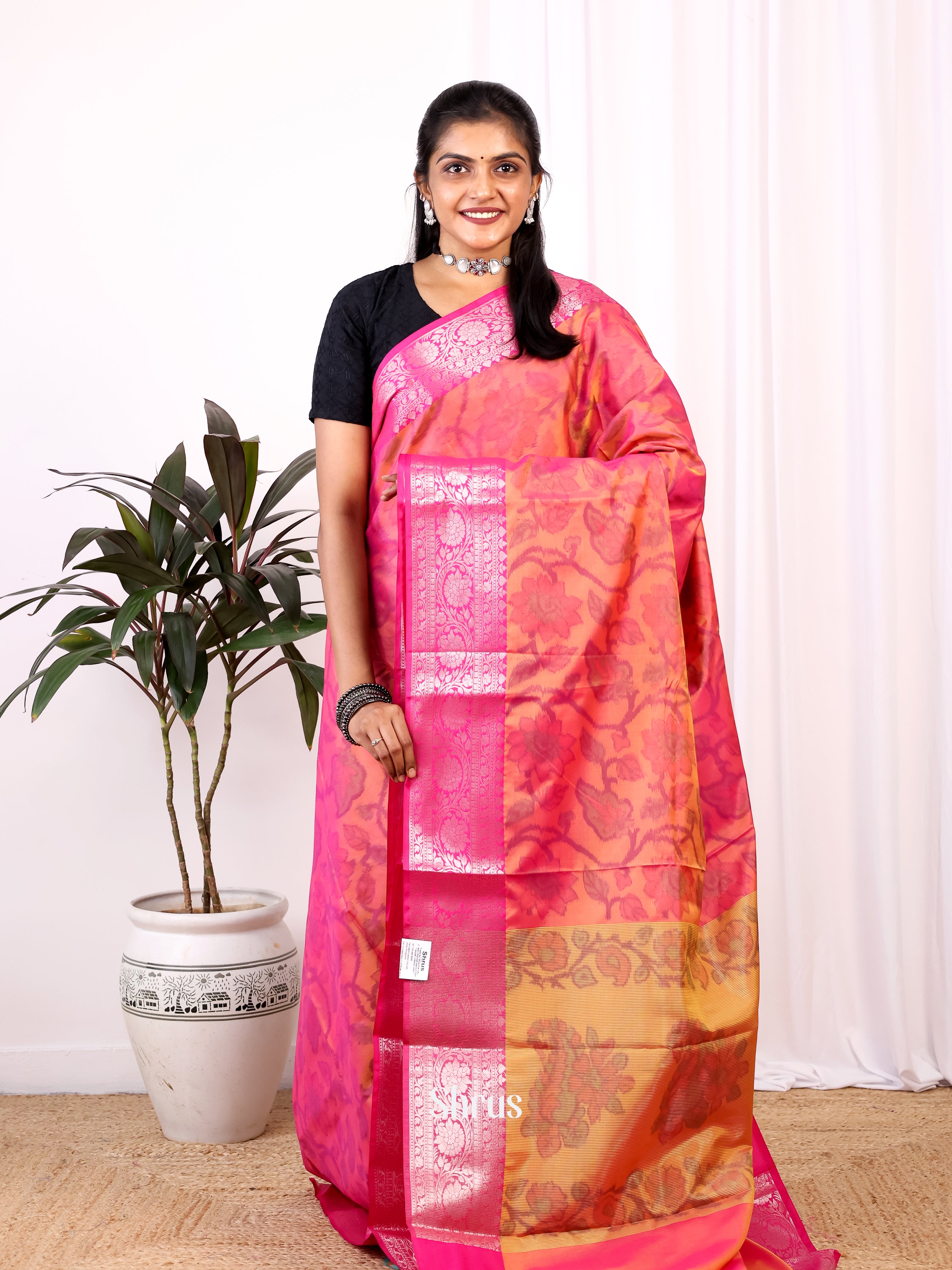 Orange & Pink - Semi Ikkat Saree - Shop on Shrus.com