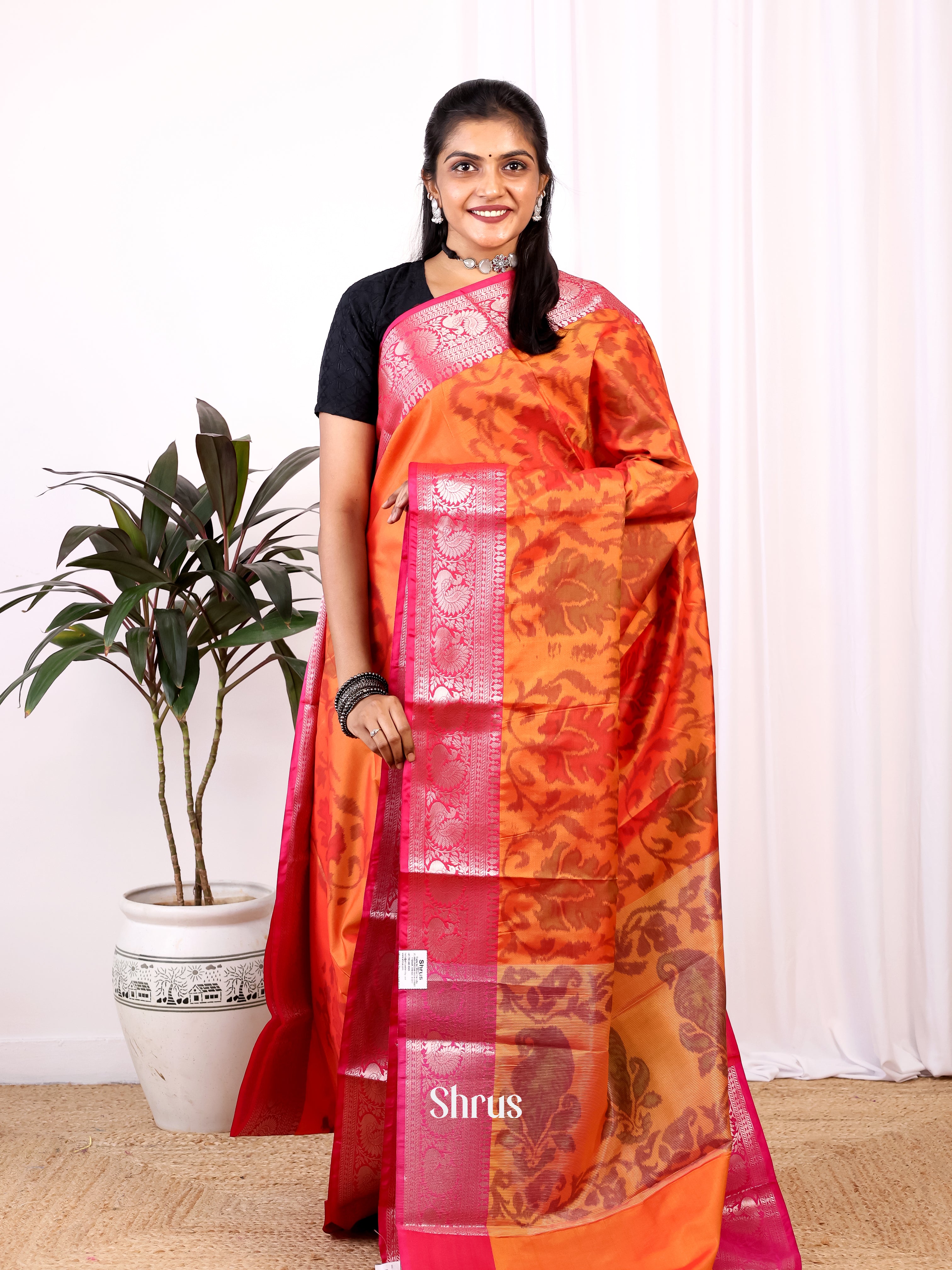Orange & Pink - Semi Ikkat Saree - Shop on Shrus.com