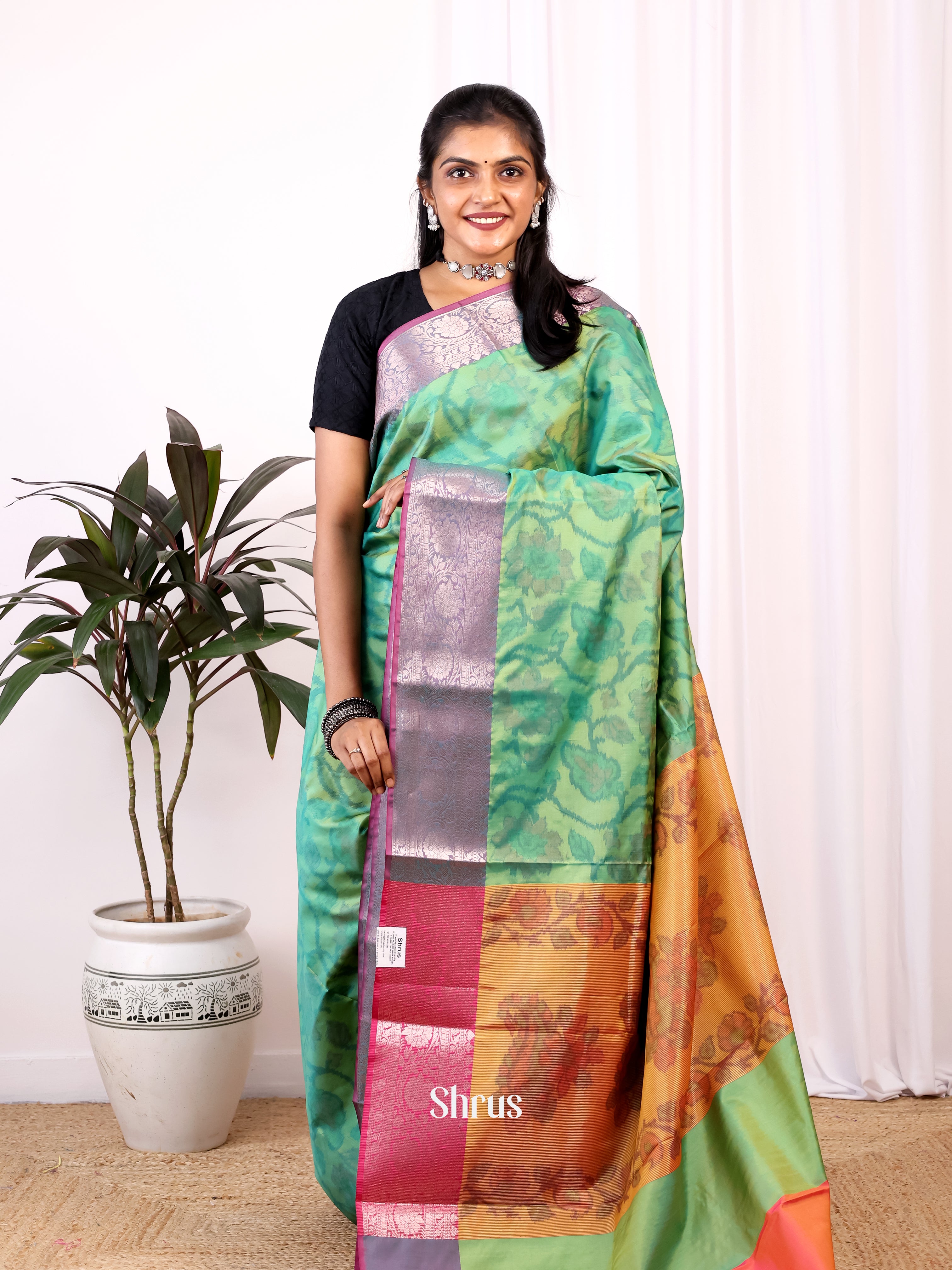 Green & Orange- Semi Ikkat Saree - Shop on Shrus.com