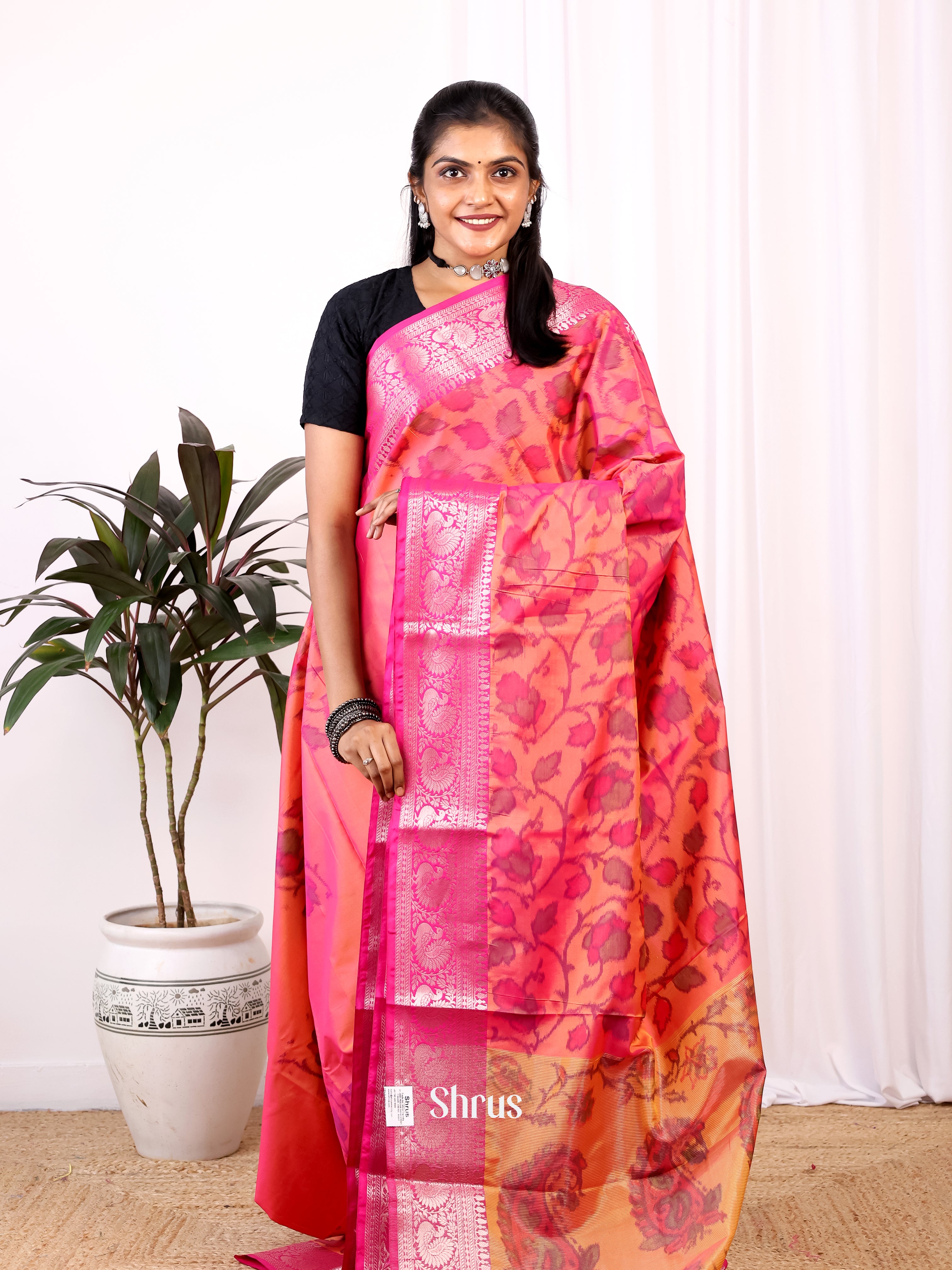 Orangish Pink & Pink- Semi Ikkat Saree - Shop on Shrus.com