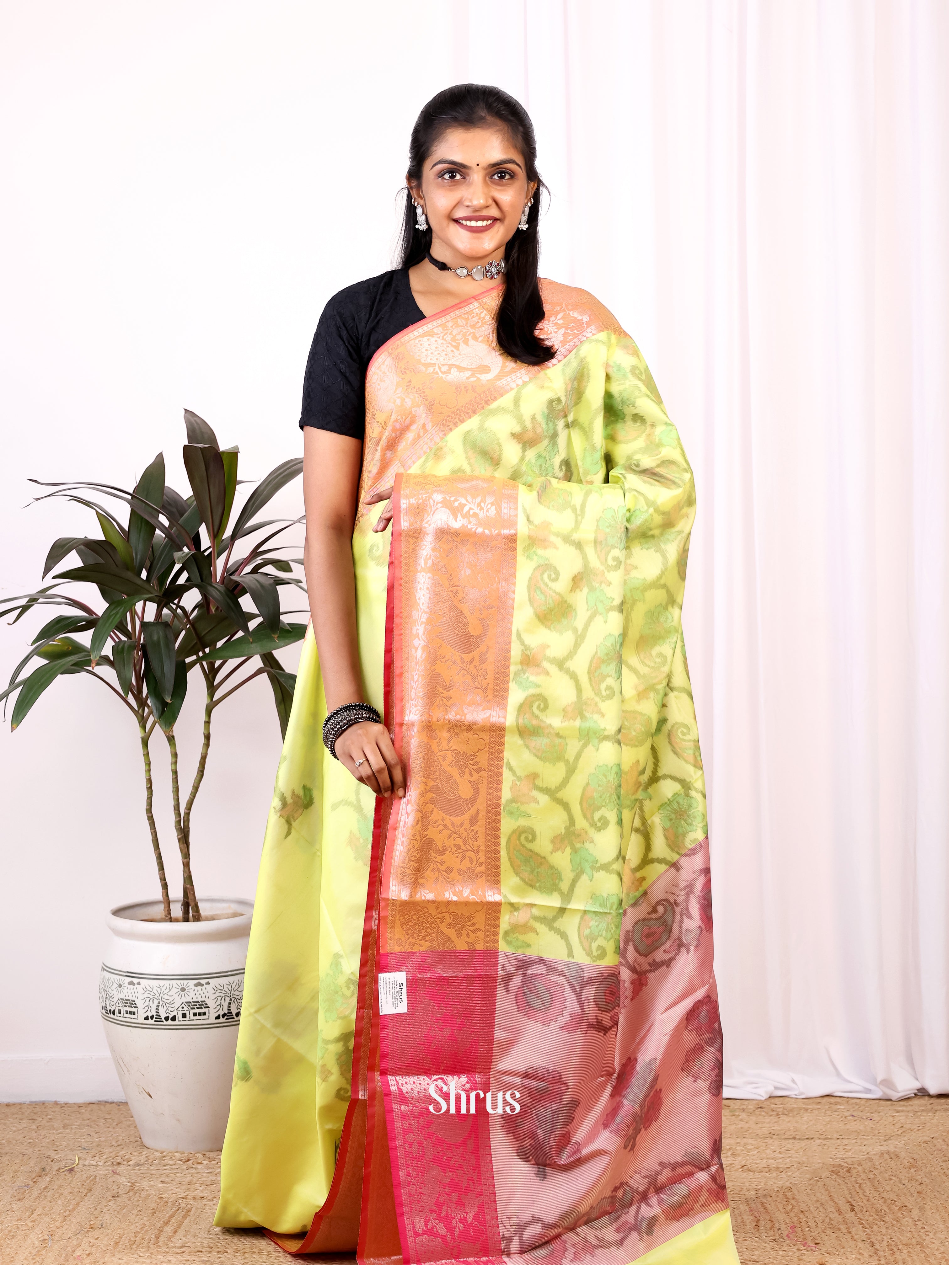 Liime Yellow & Pink - Semi Ikkat Saree - Shop on Shrus.com