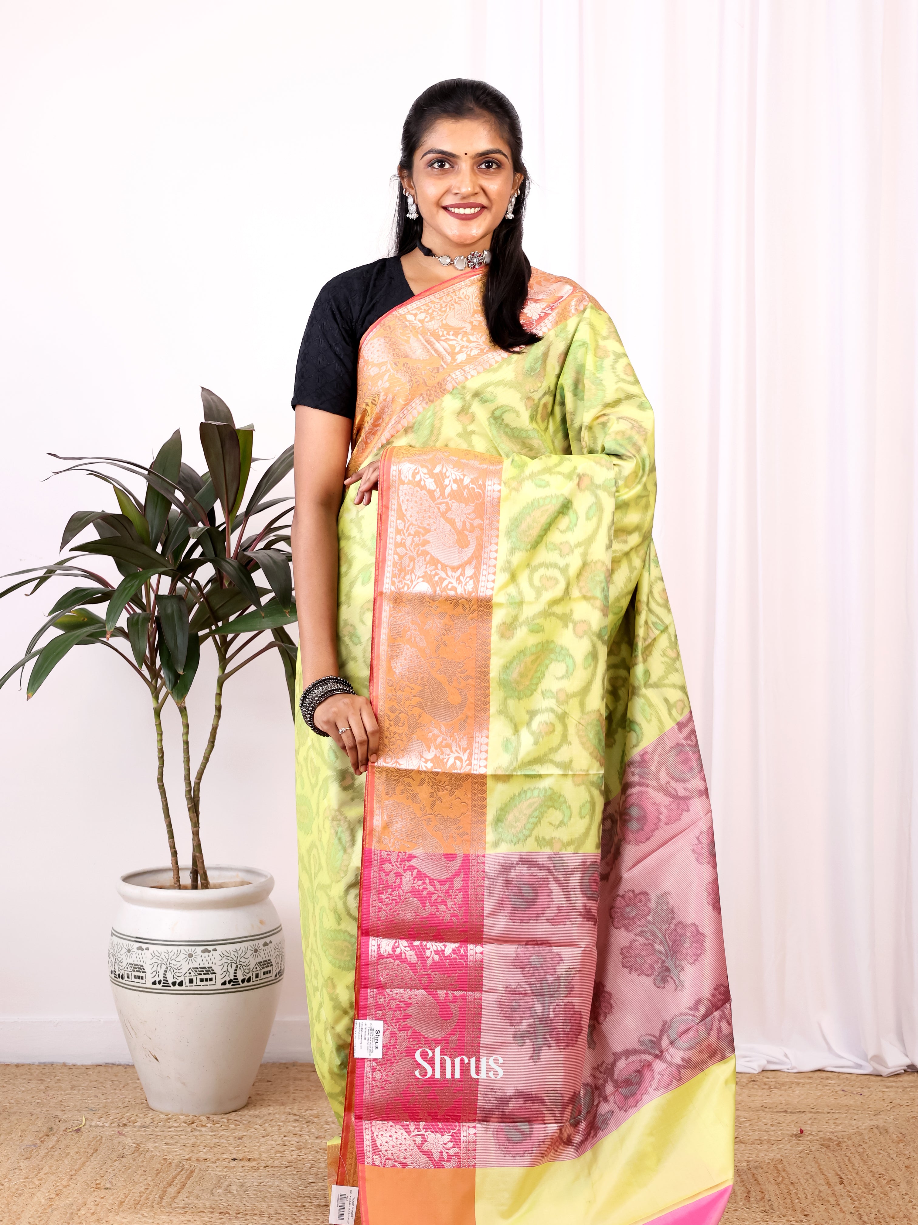 Green & Pink - Semi Ikkat Saree - Shop on Shrus.com