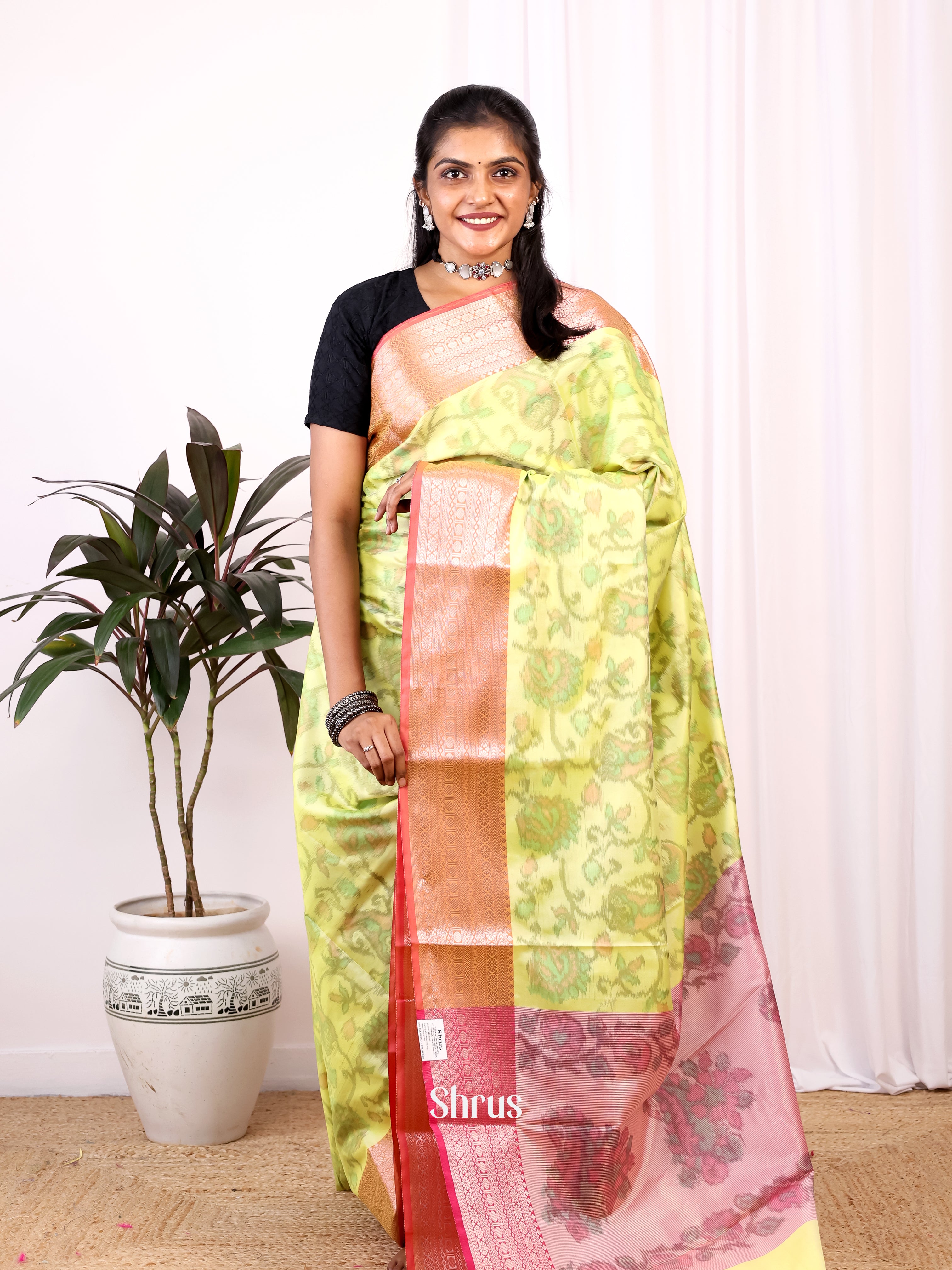 Lime Green & Pink- Semi Ikkat Saree - Shop on Shrus.com