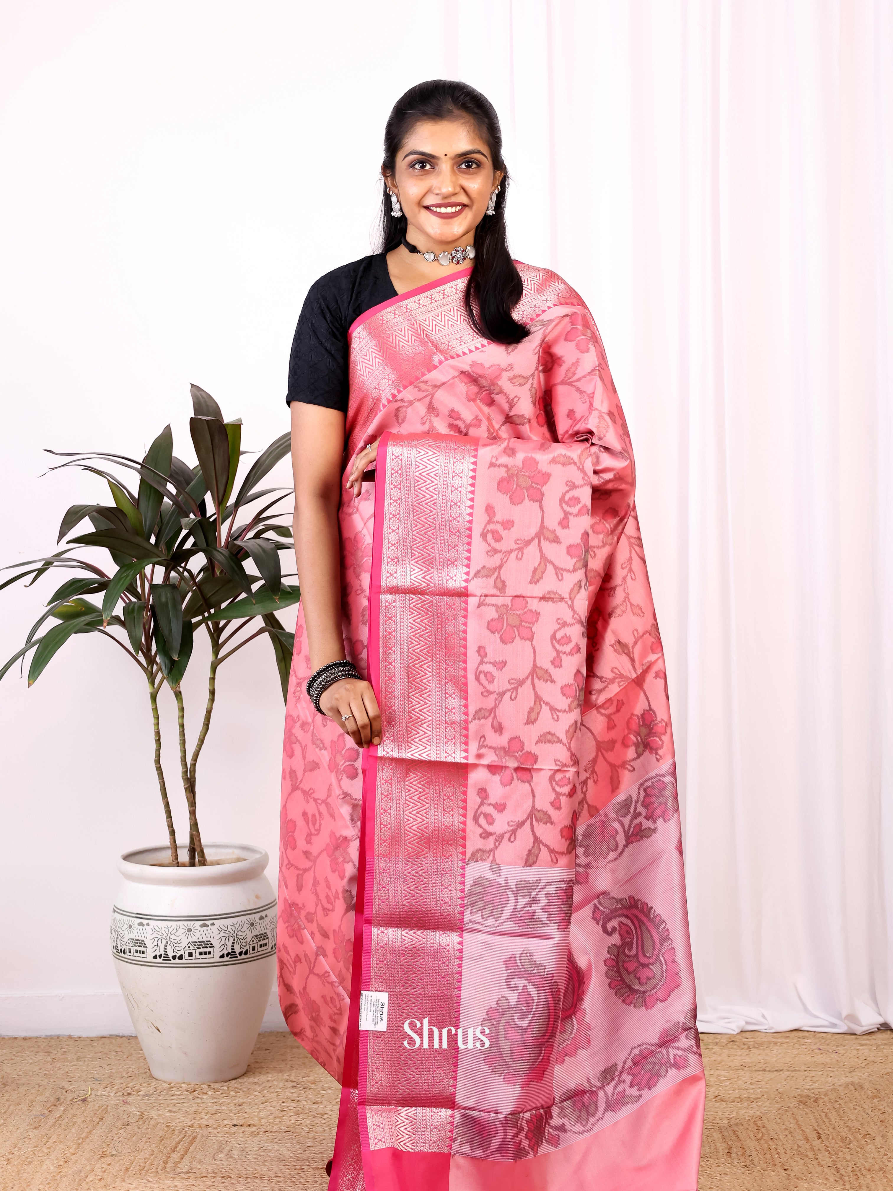 Pink - Semi Ikkat Saree - Shop on Shrus.com
