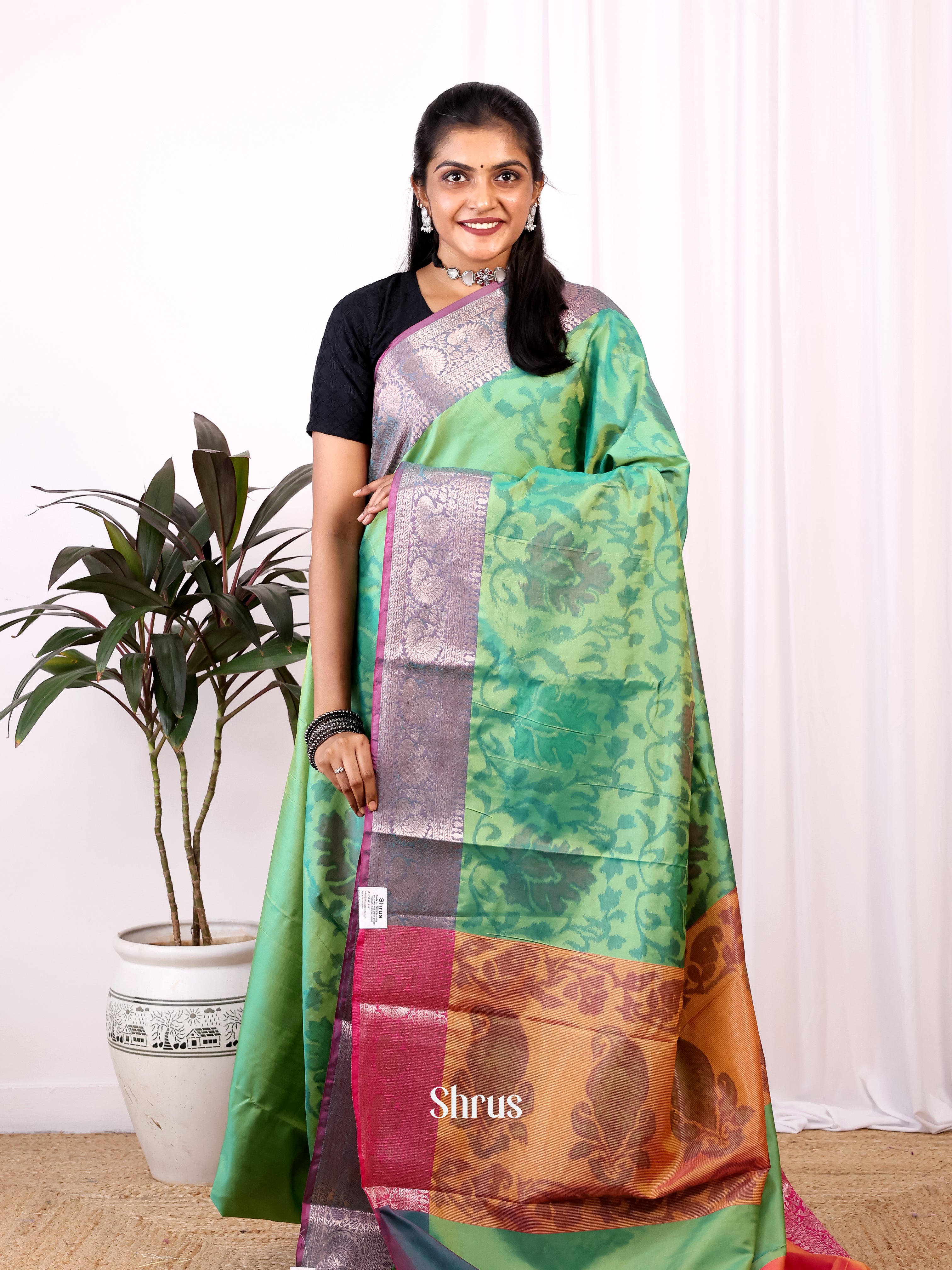 Green & Orange - Semi Ikkat Saree - Shop on Shrus.com