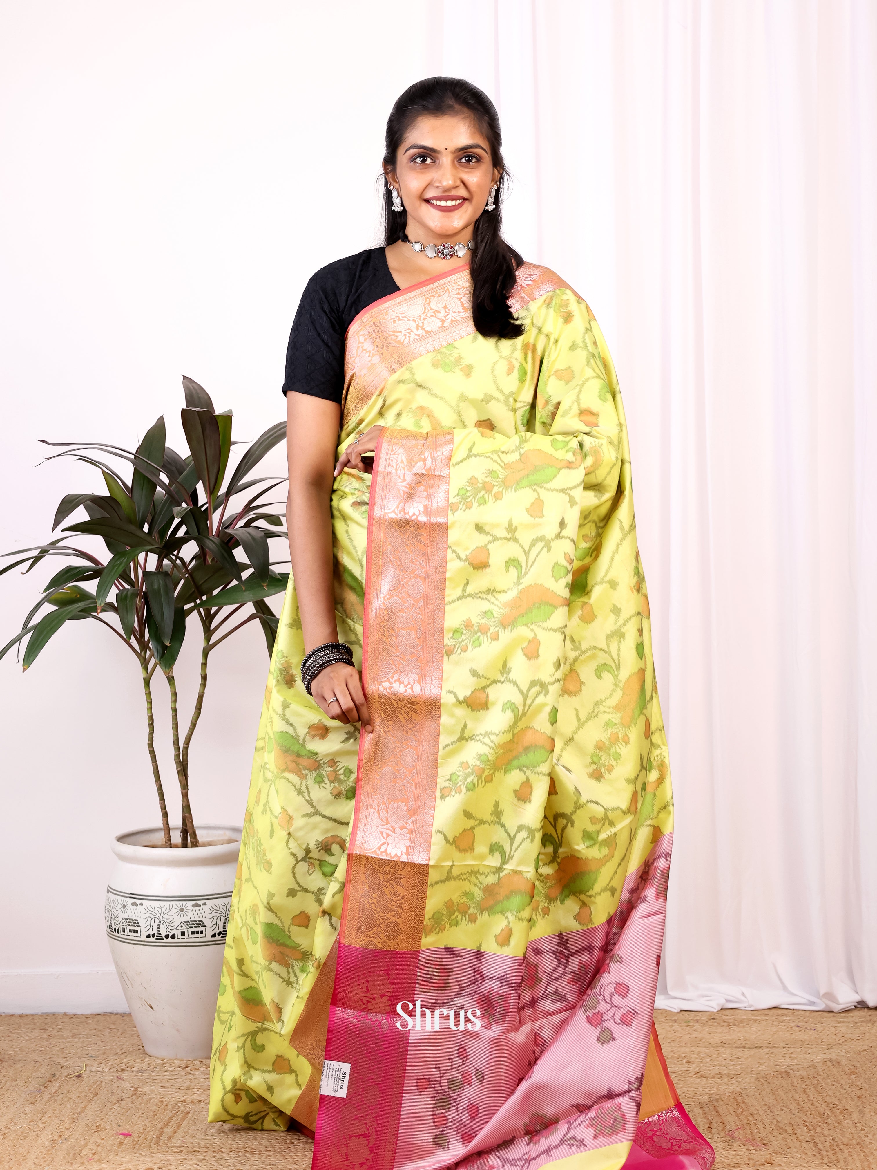 Yellow & Pink - Semi Ikkat Saree - Shop on Shrus.com
