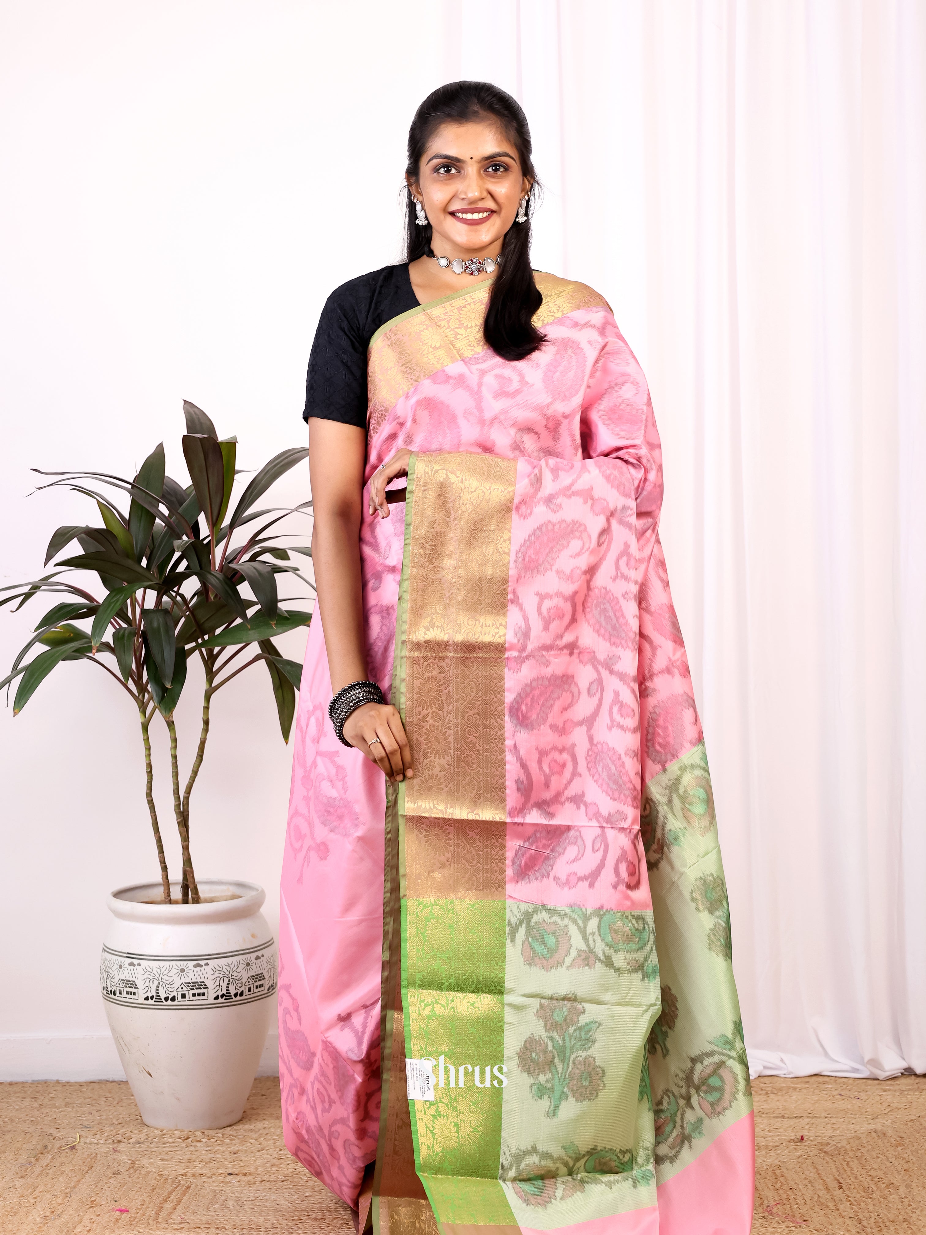 Pink & Green - Semi Ikkat Saree - Shop on Shrus.com