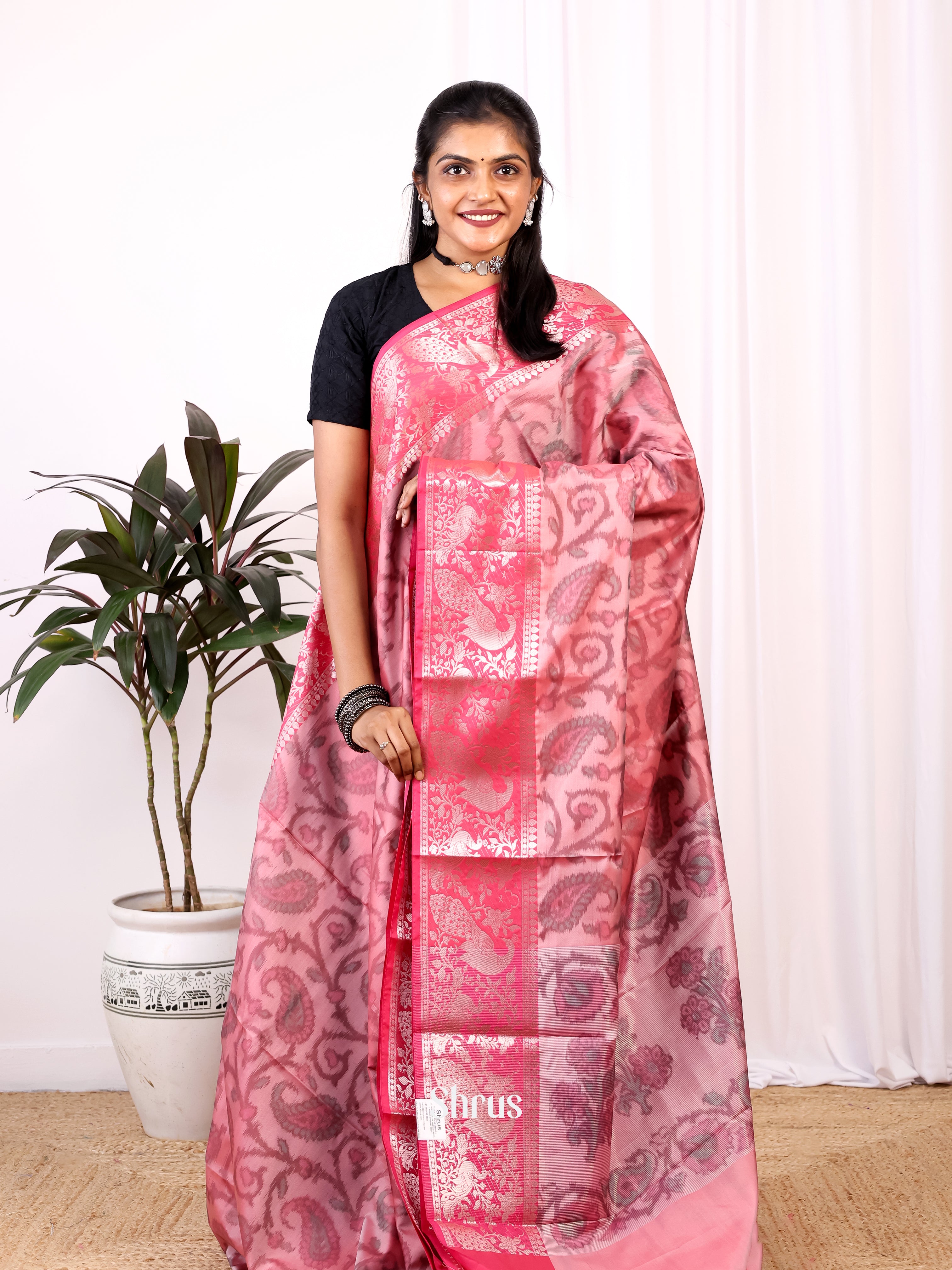 Pink - Semi Ikkat Saree - Shop on Shrus.com