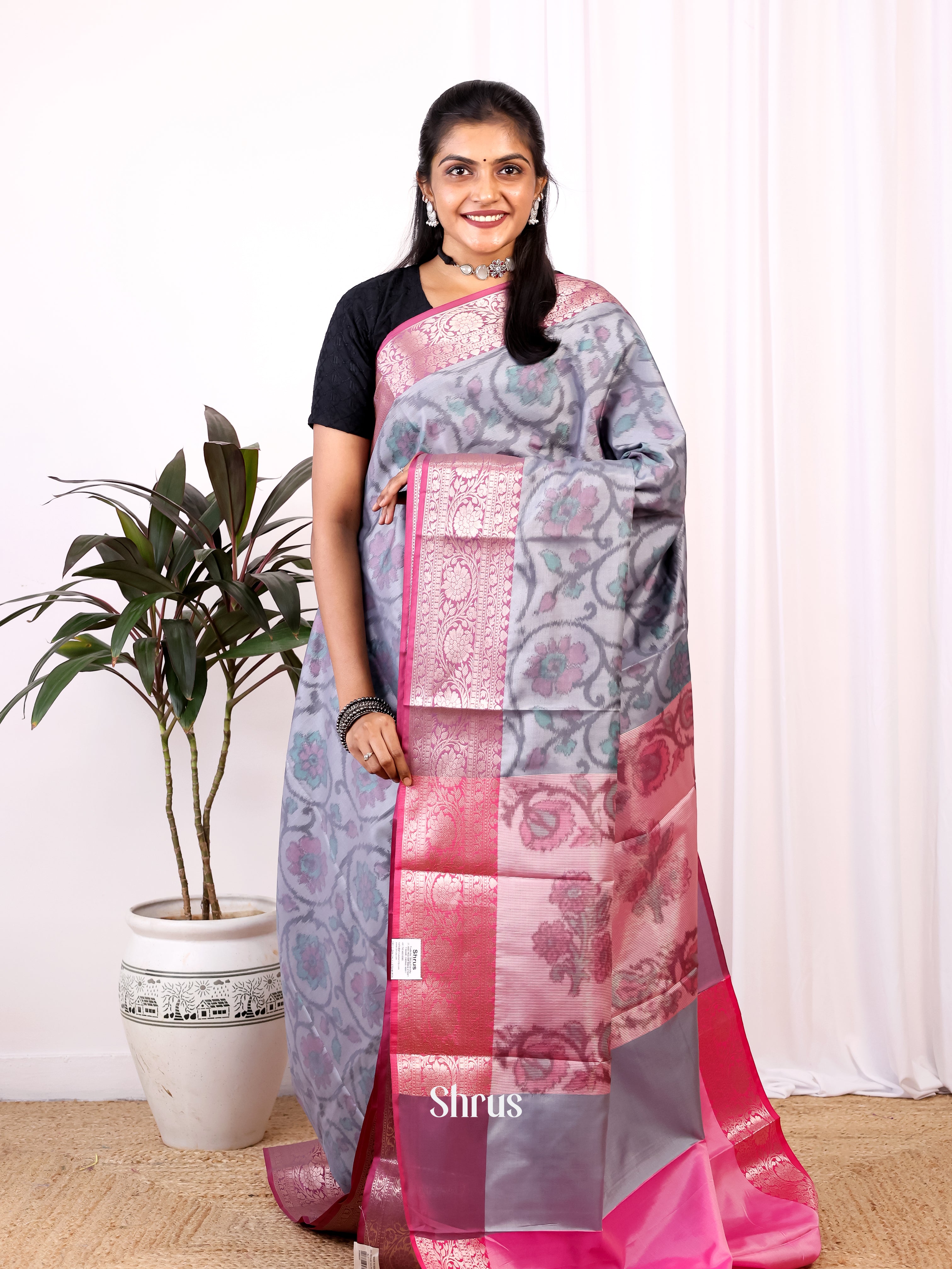 Grey & Pink - Semi Ikkat Saree - Shop on Shrus.com