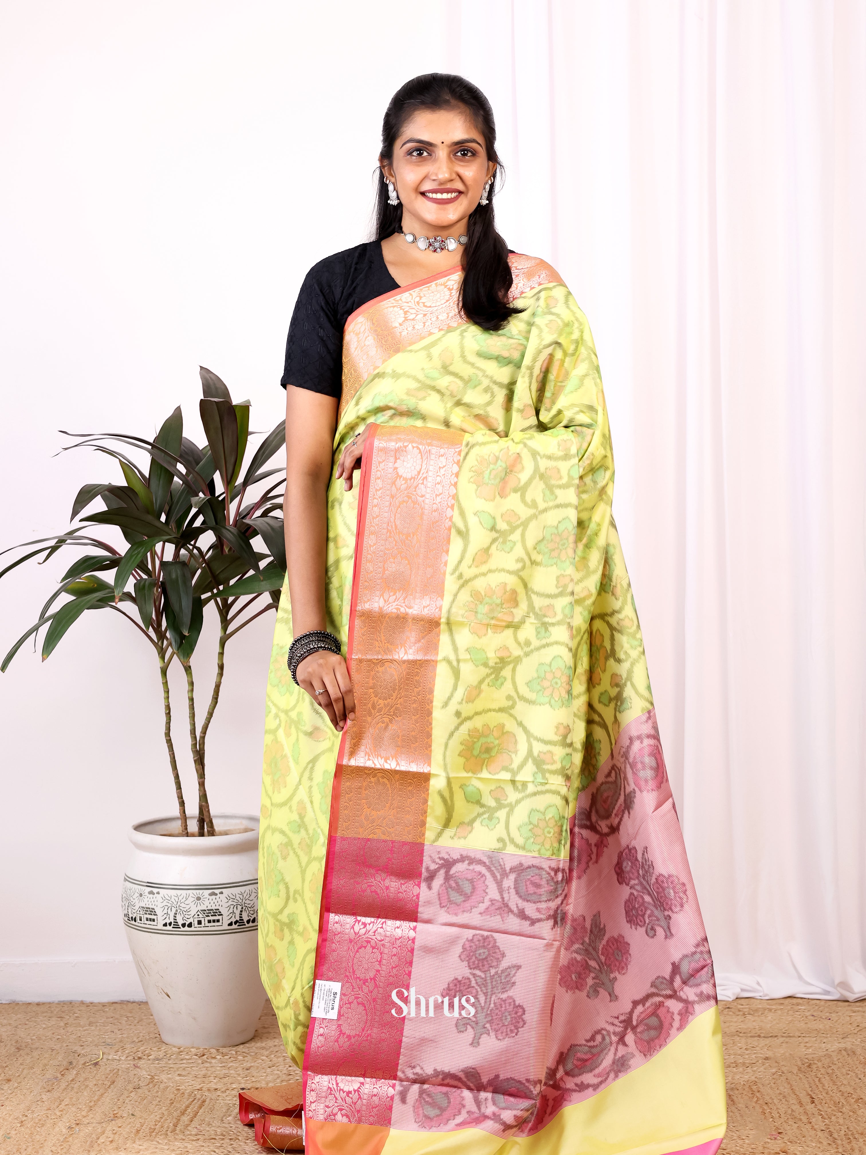 Yellow & Pink - Semi Ikkat Saree - Shop on Shrus.com