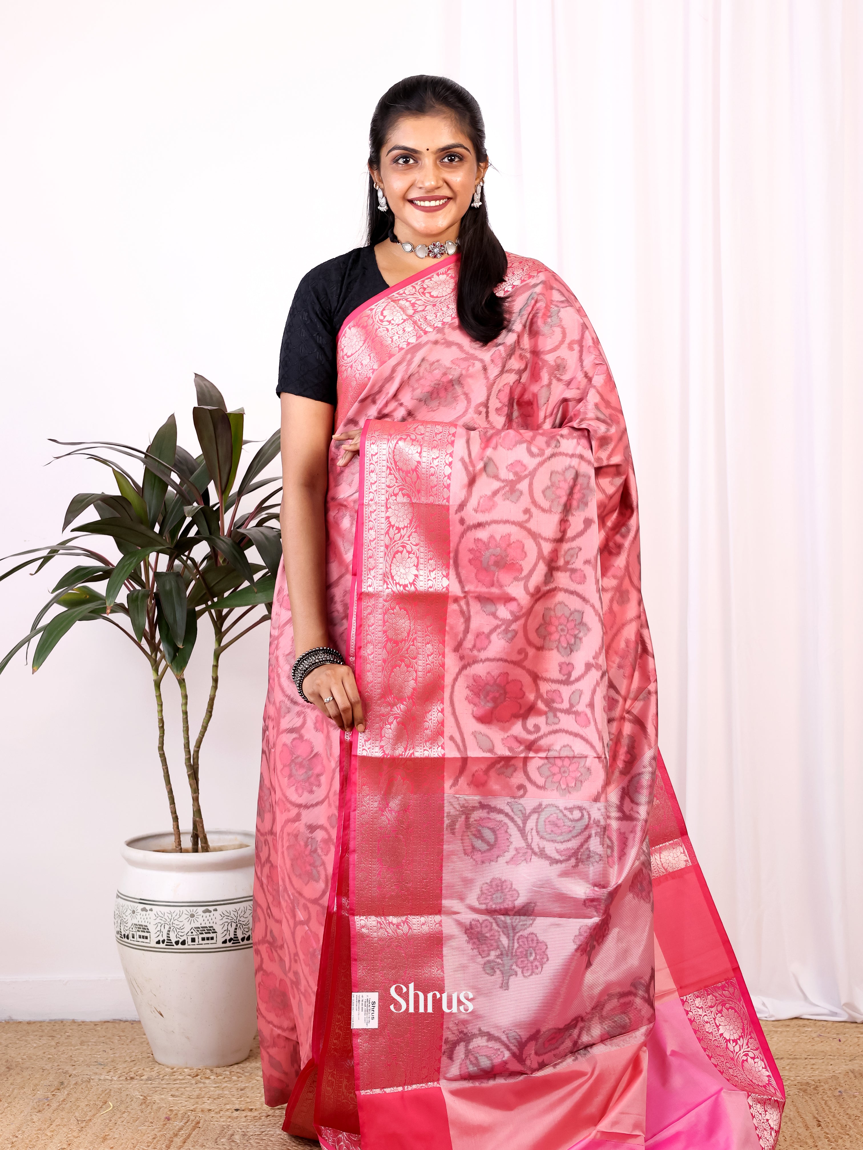 Pink - Semi Ikkat Saree - Shop on Shrus.com