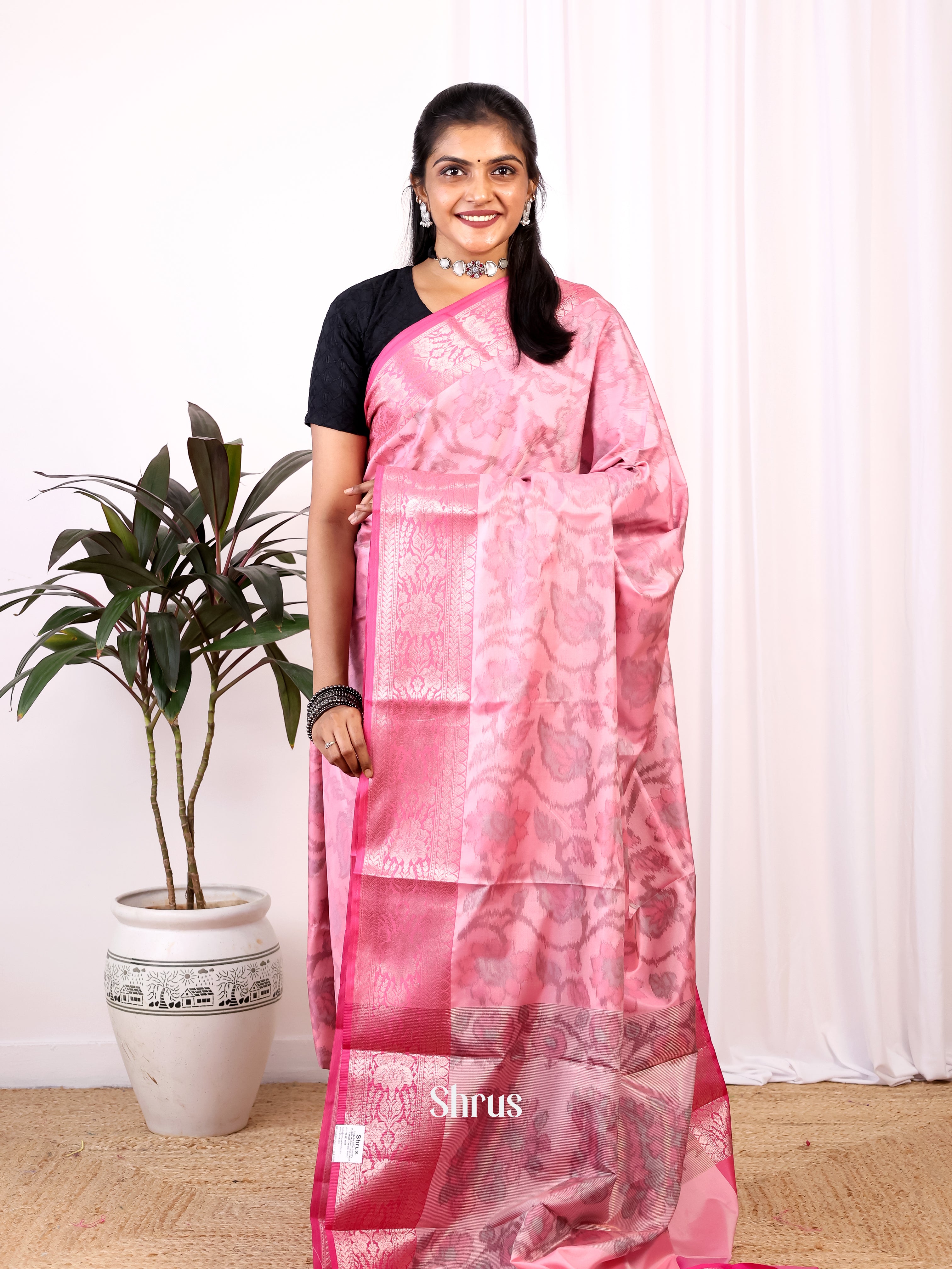 Pink - Semi Ikkat Saree - Shop on Shrus.com