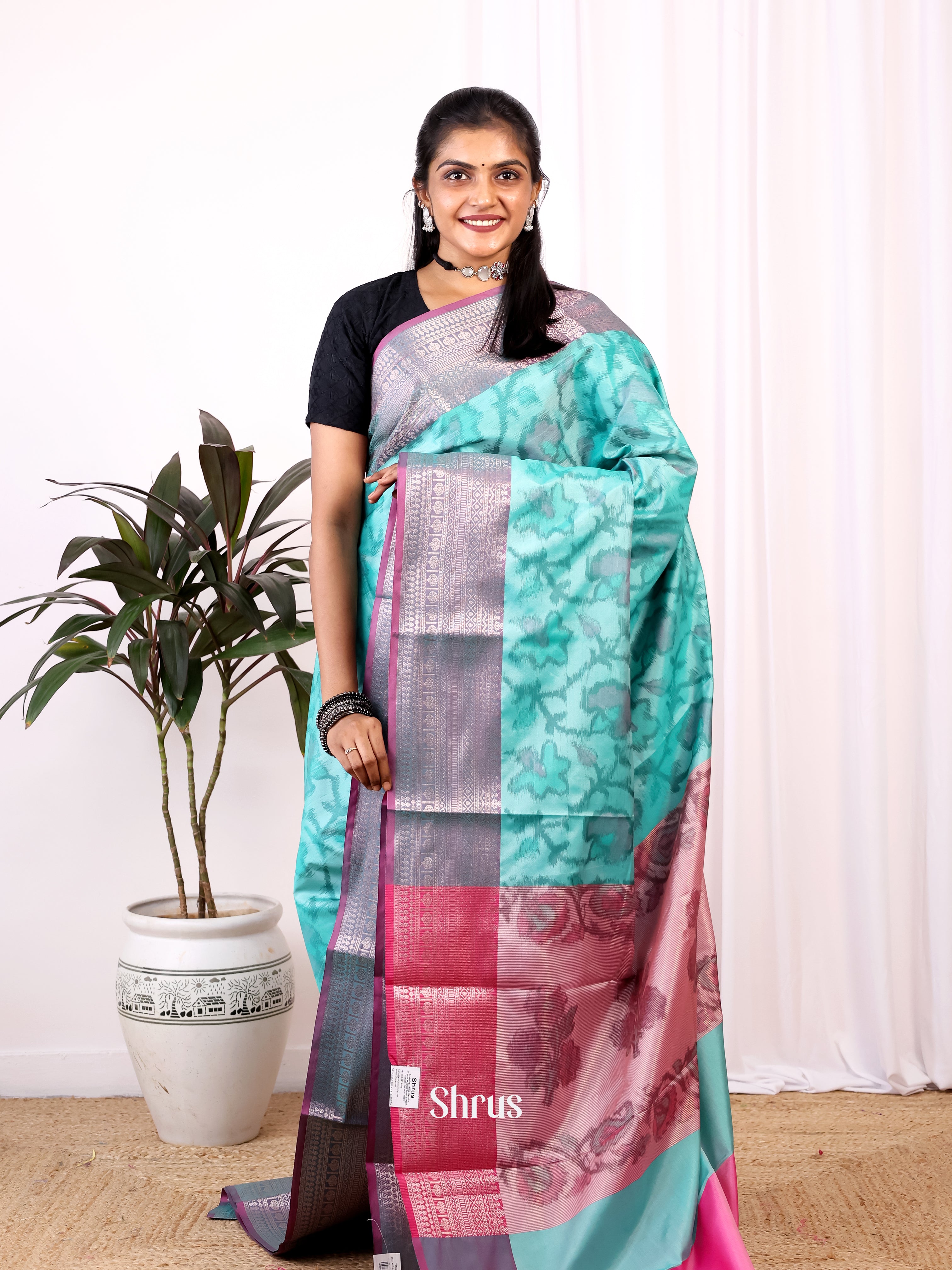 Blue & Pink- Semi Ikkat Saree - Shop on Shrus.com
