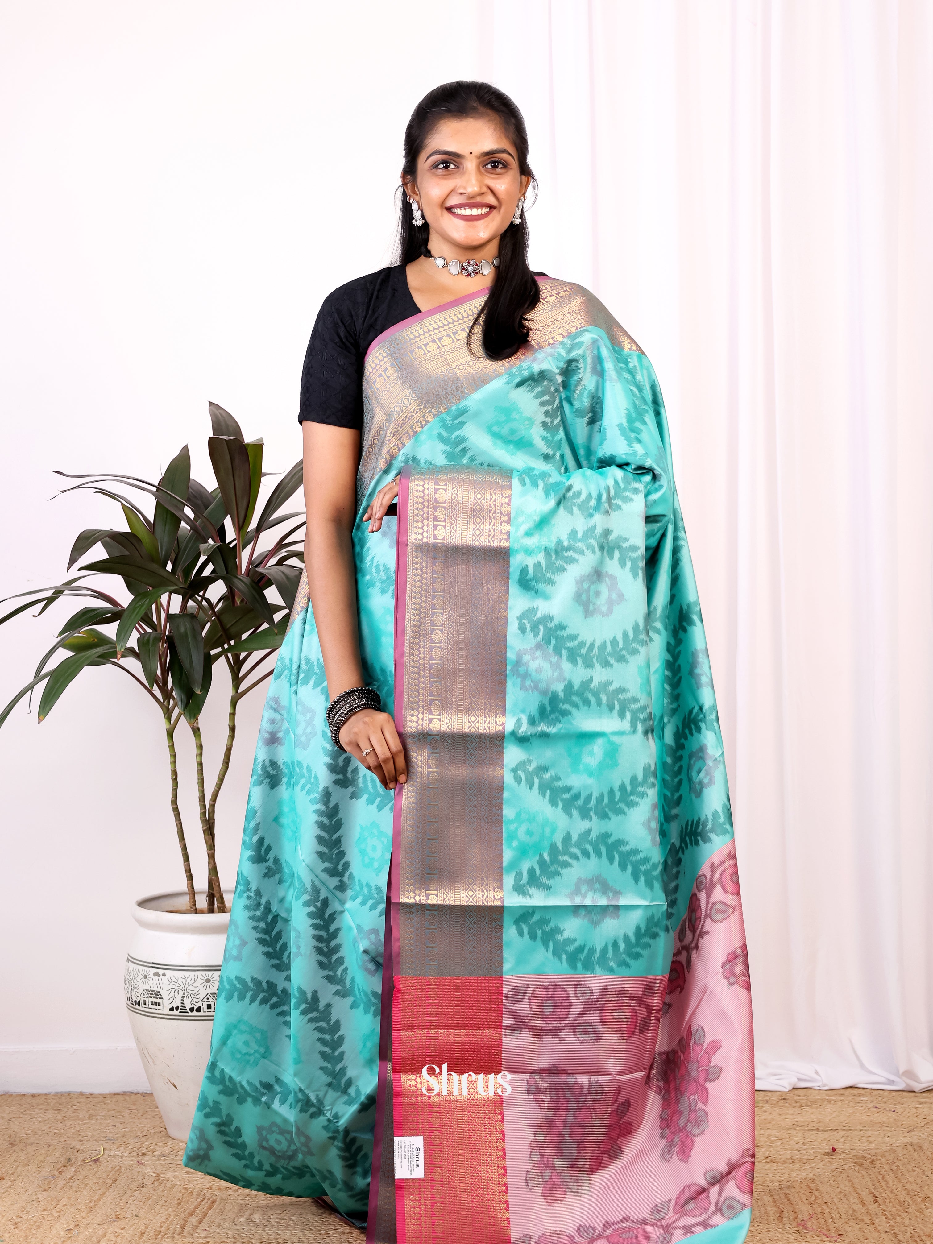 Blue & Pink- Semi Ikkat Saree - Shop on Shrus.com