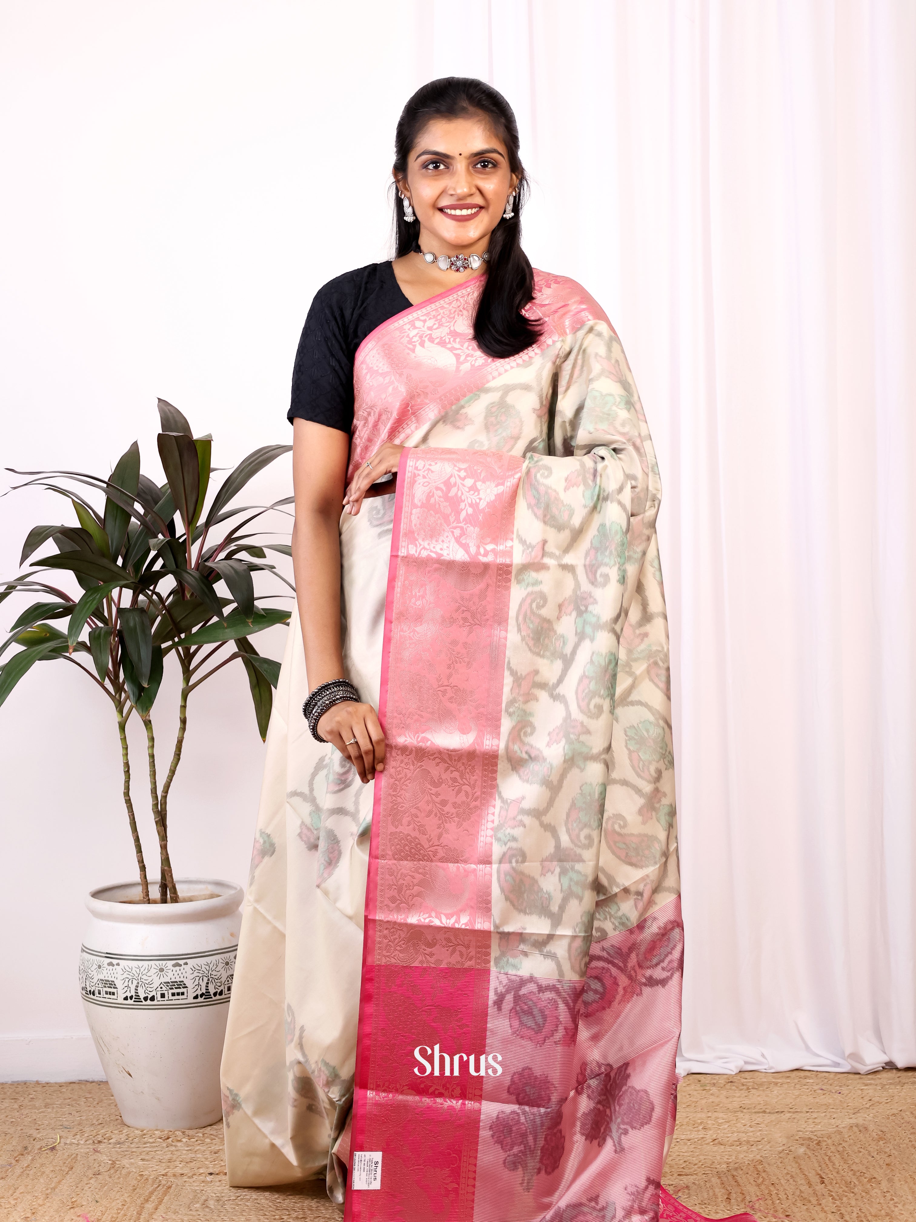 Cream & Pink- Semi Ikkat Saree - Shop on Shrus.com