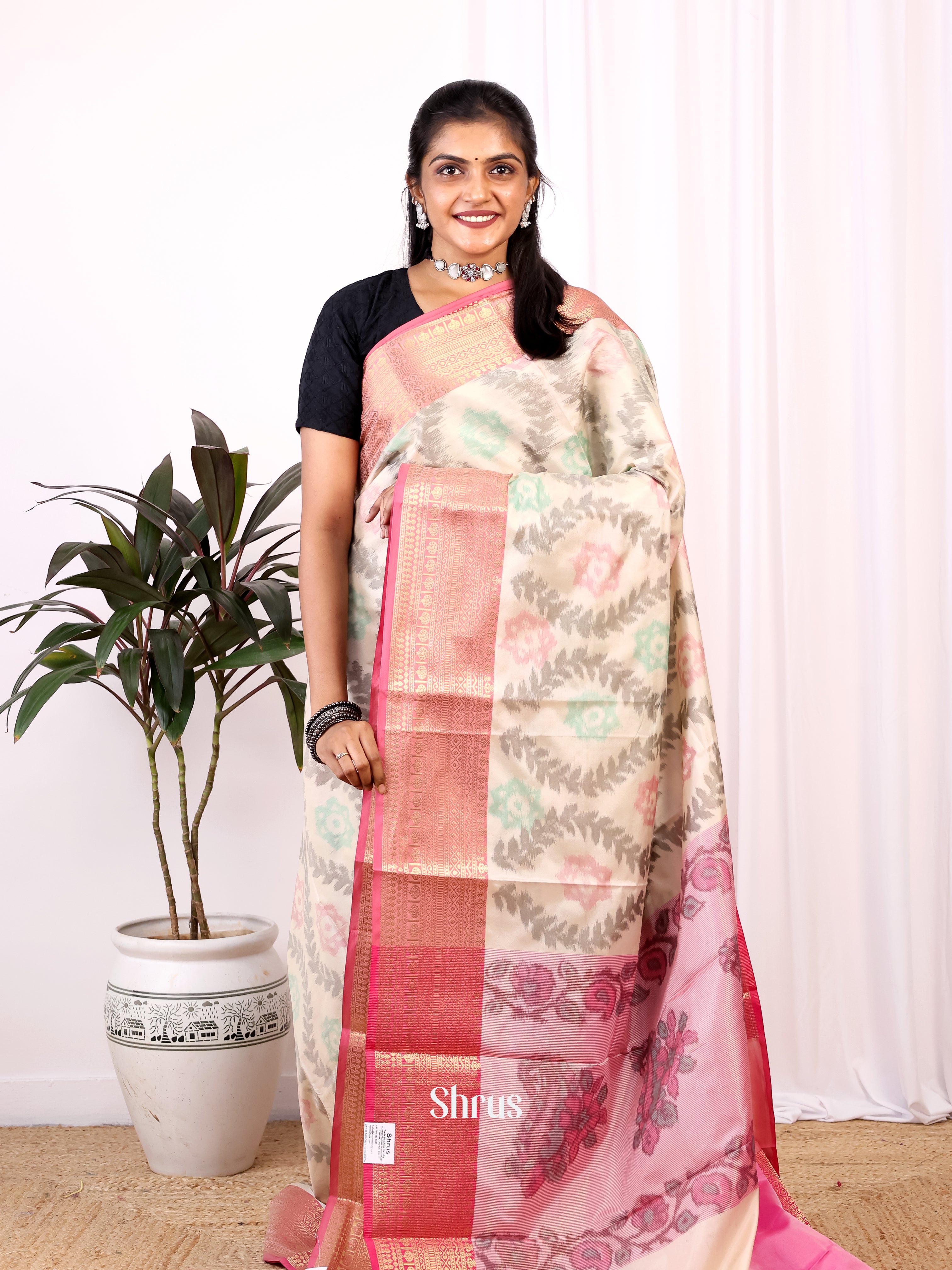 Cream & Pink - Semi Ikkat Saree - Shop on Shrus.com
