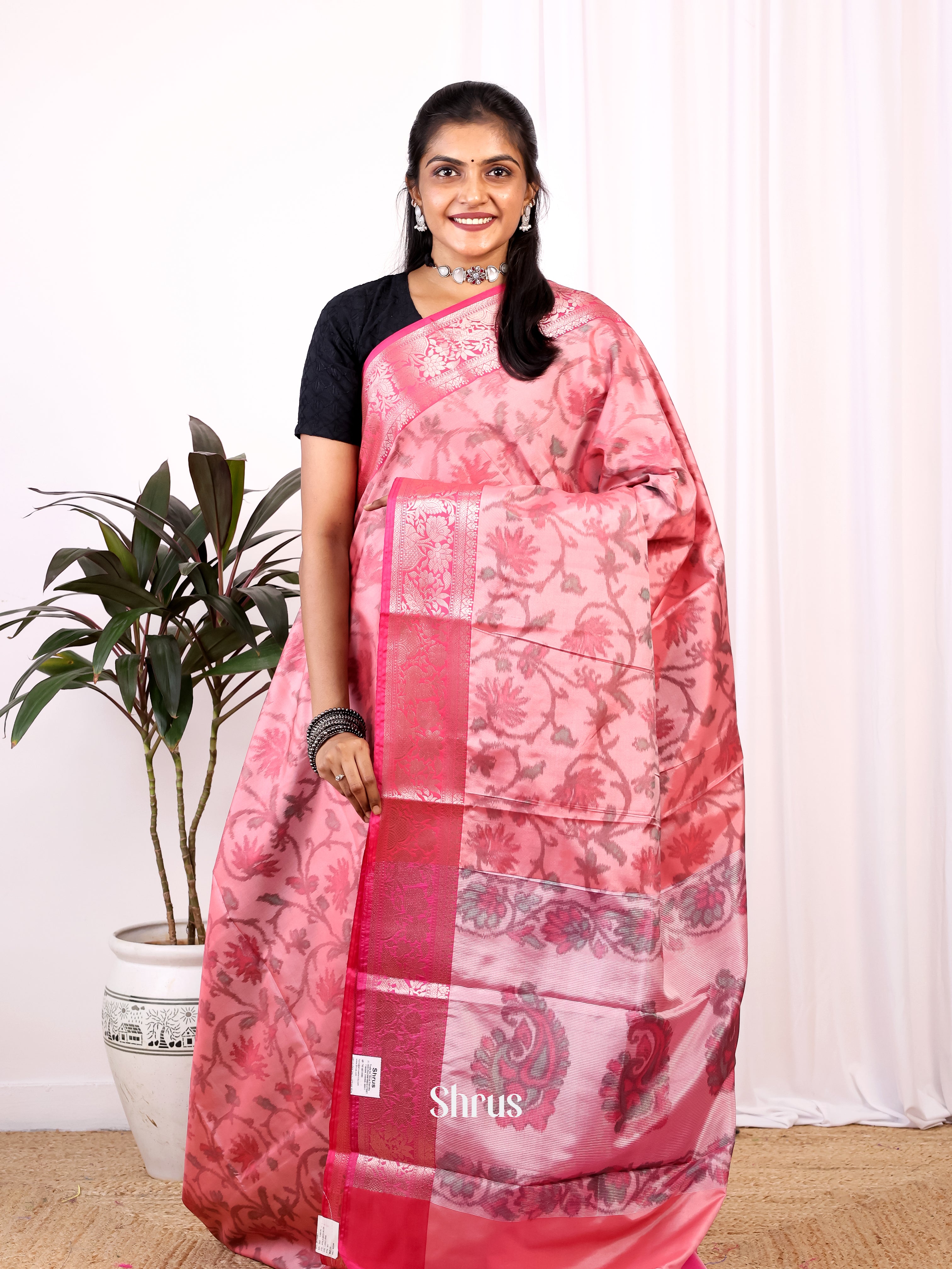 Pink - Semi Ikkat Saree - Shop on Shrus.com