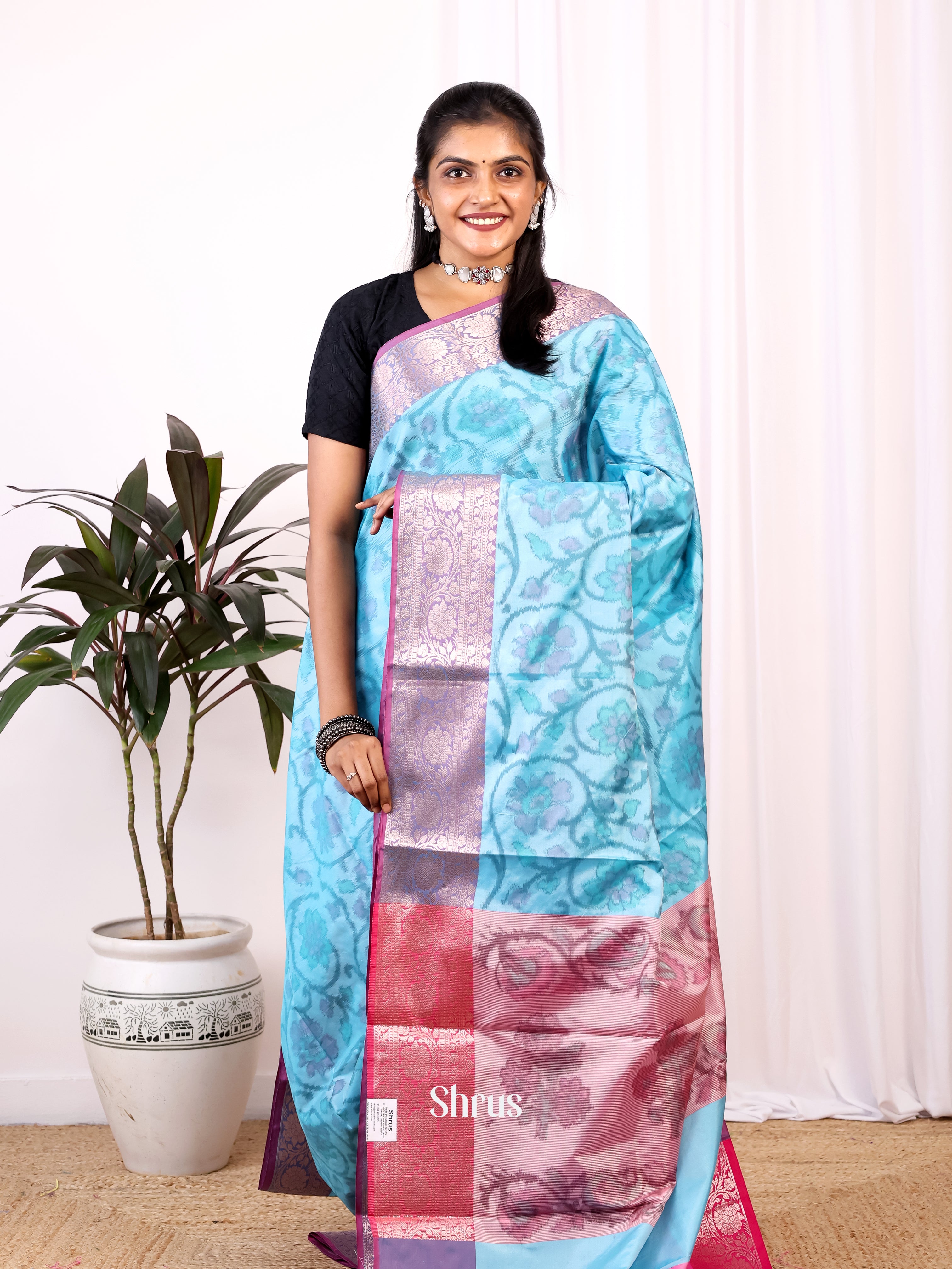 Blue & Pink - Semi Ikkat Saree - Shop on Shrus.com