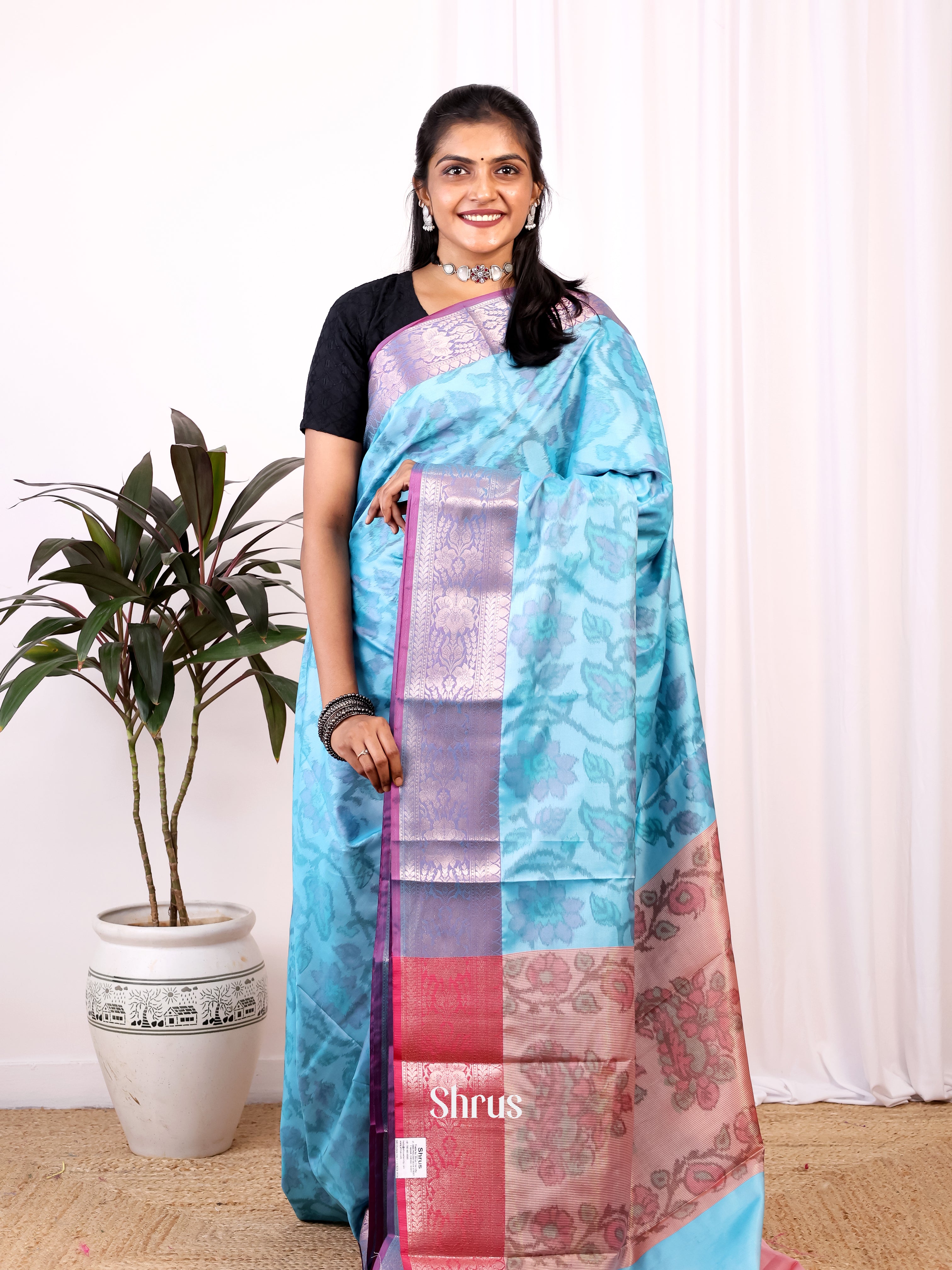 Blue & Pink - Semi Ikkat Saree - Shop on Shrus.com