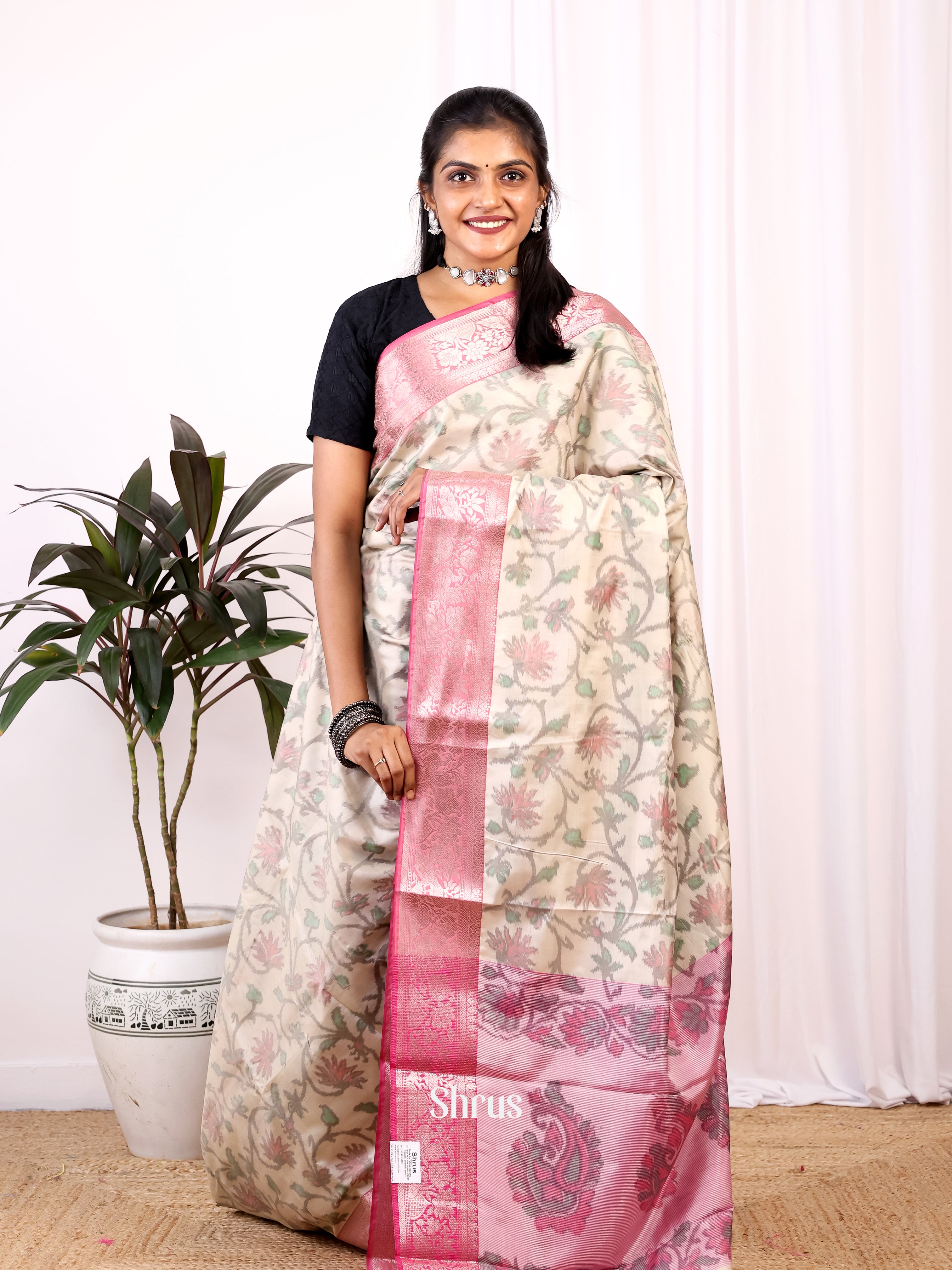 Cream & Pink- Semi Ikkat Saree - Shop on Shrus.com