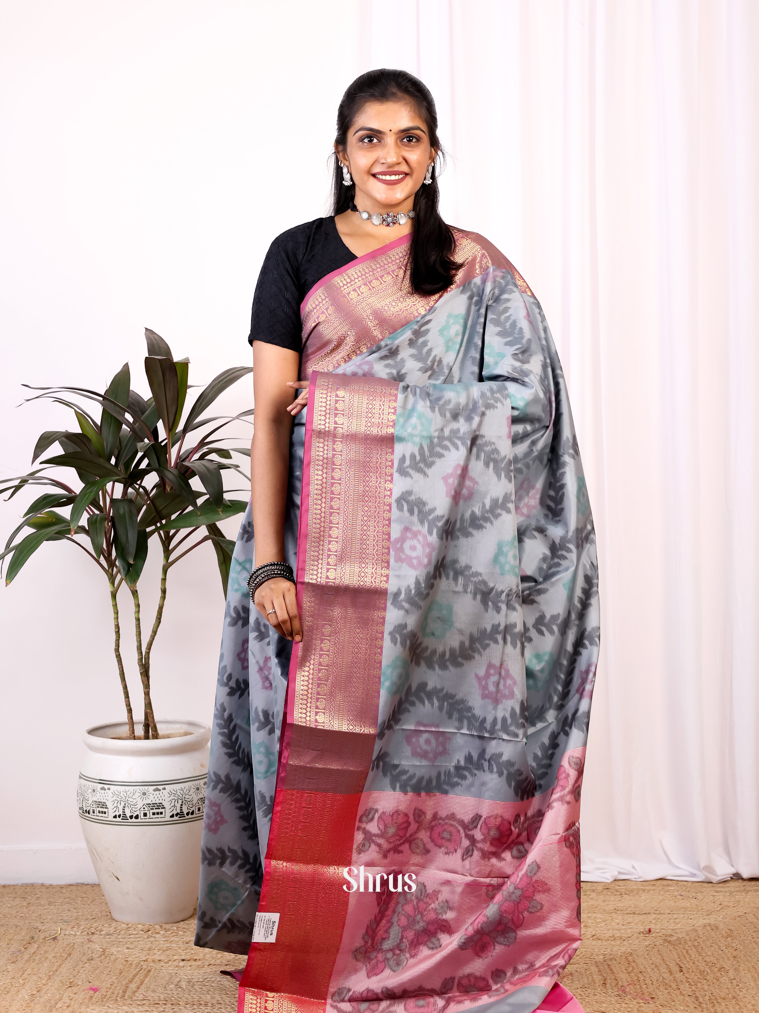 Grey & Pink - Semi Ikkat Saree - Shop on Shrus.com