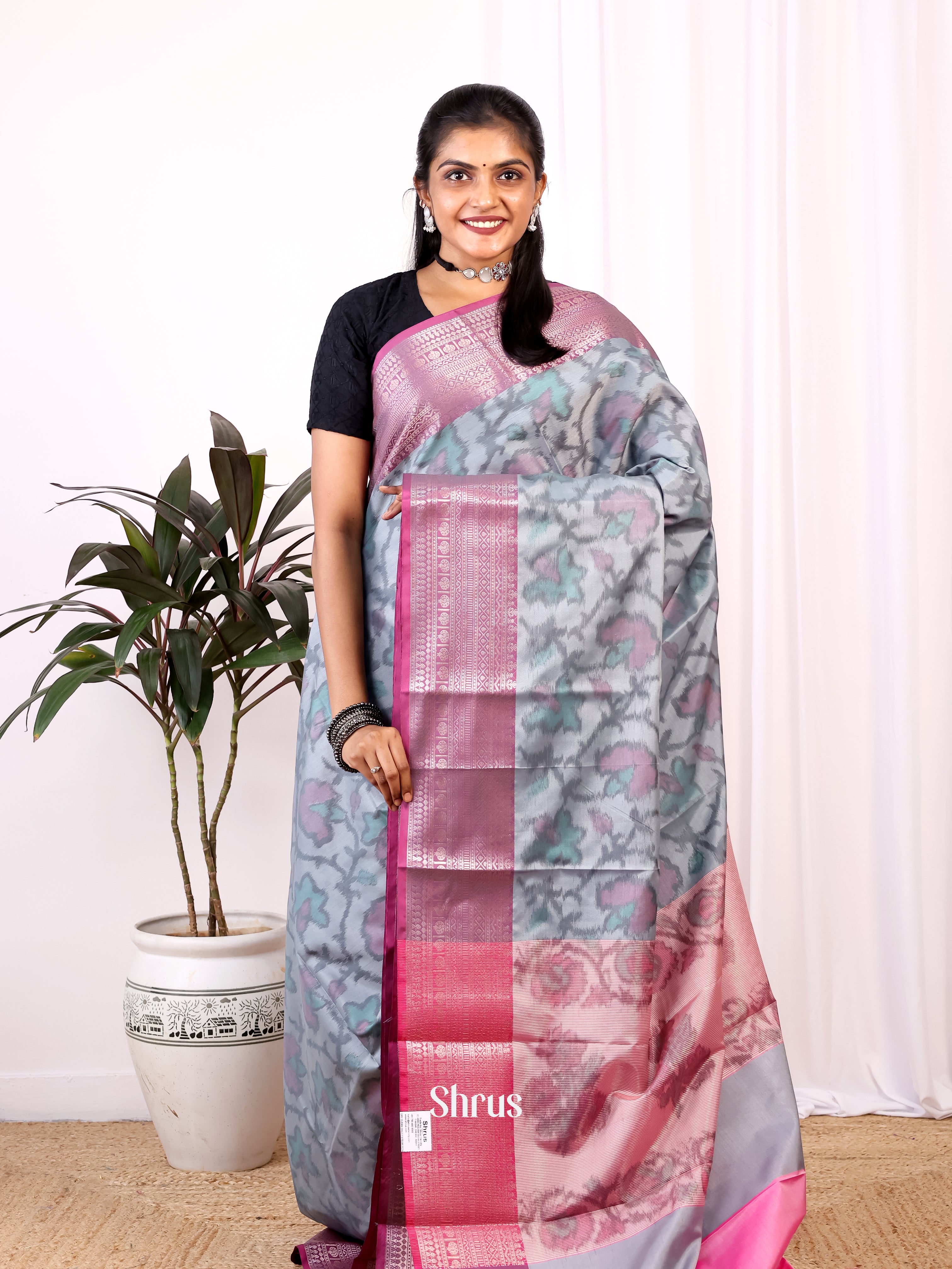 Grey & Pink - Semi Ikkat Saree - Shop on Shrus.com