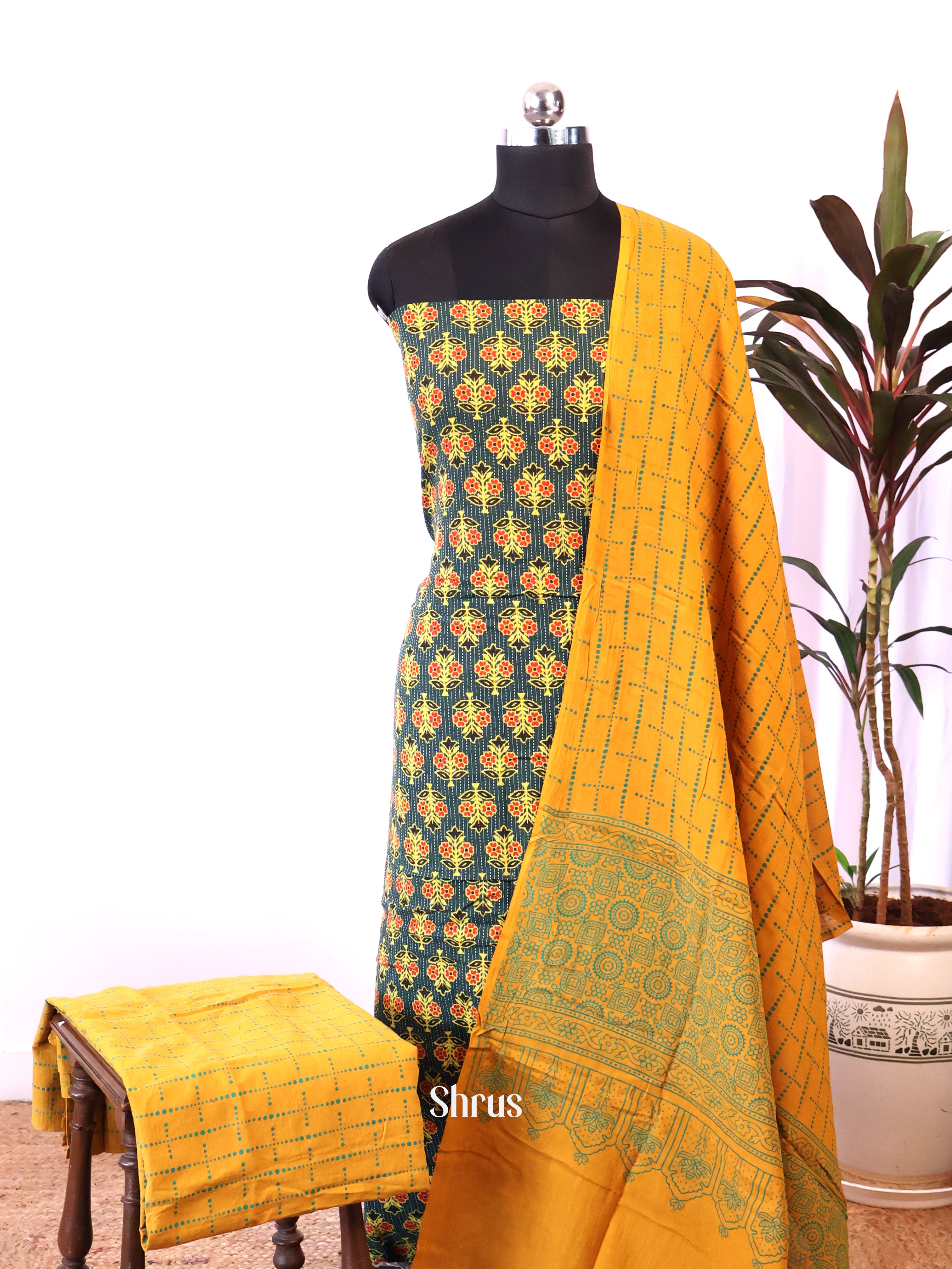 Green & Yellow - Ajrakh Salwar Unstitched Top, Bottom & Dupatta - CIS27212 - Shop on Shrus.com