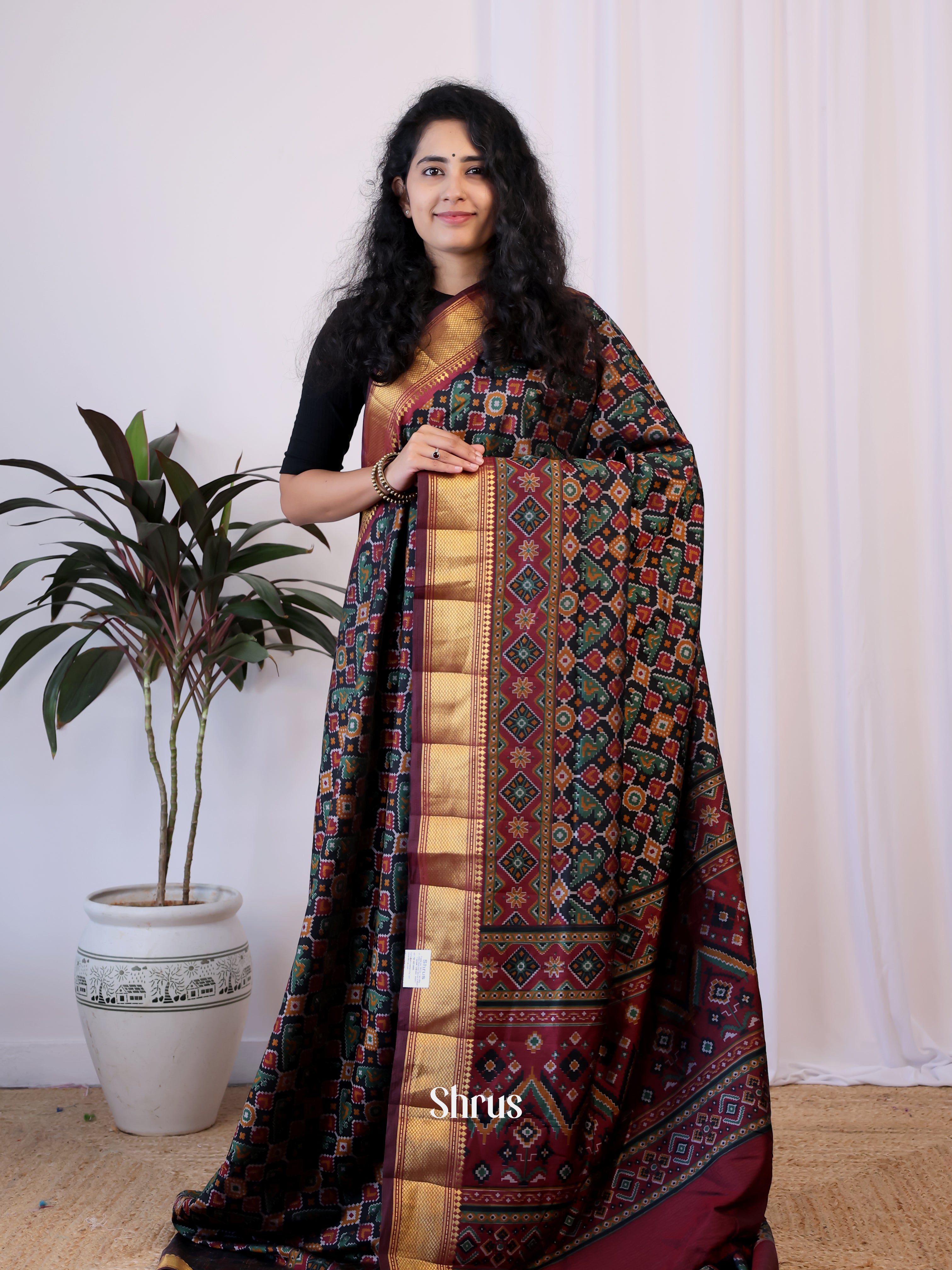 Black & Maroon- Semi Patola Saree - Shop on Shrus.com
