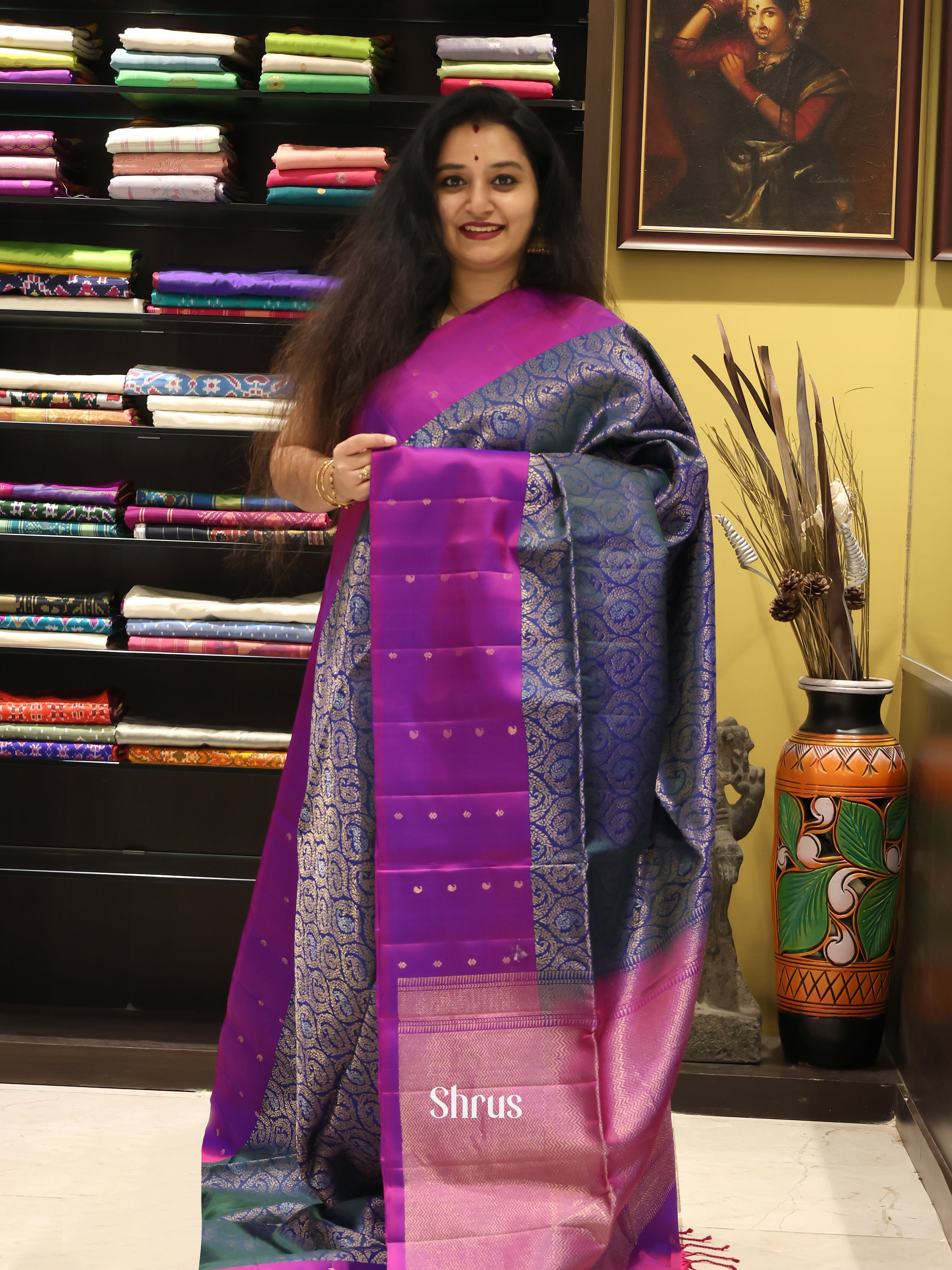 Blue & Majenta- Soft Silk Saree - Shop on Shrus.com