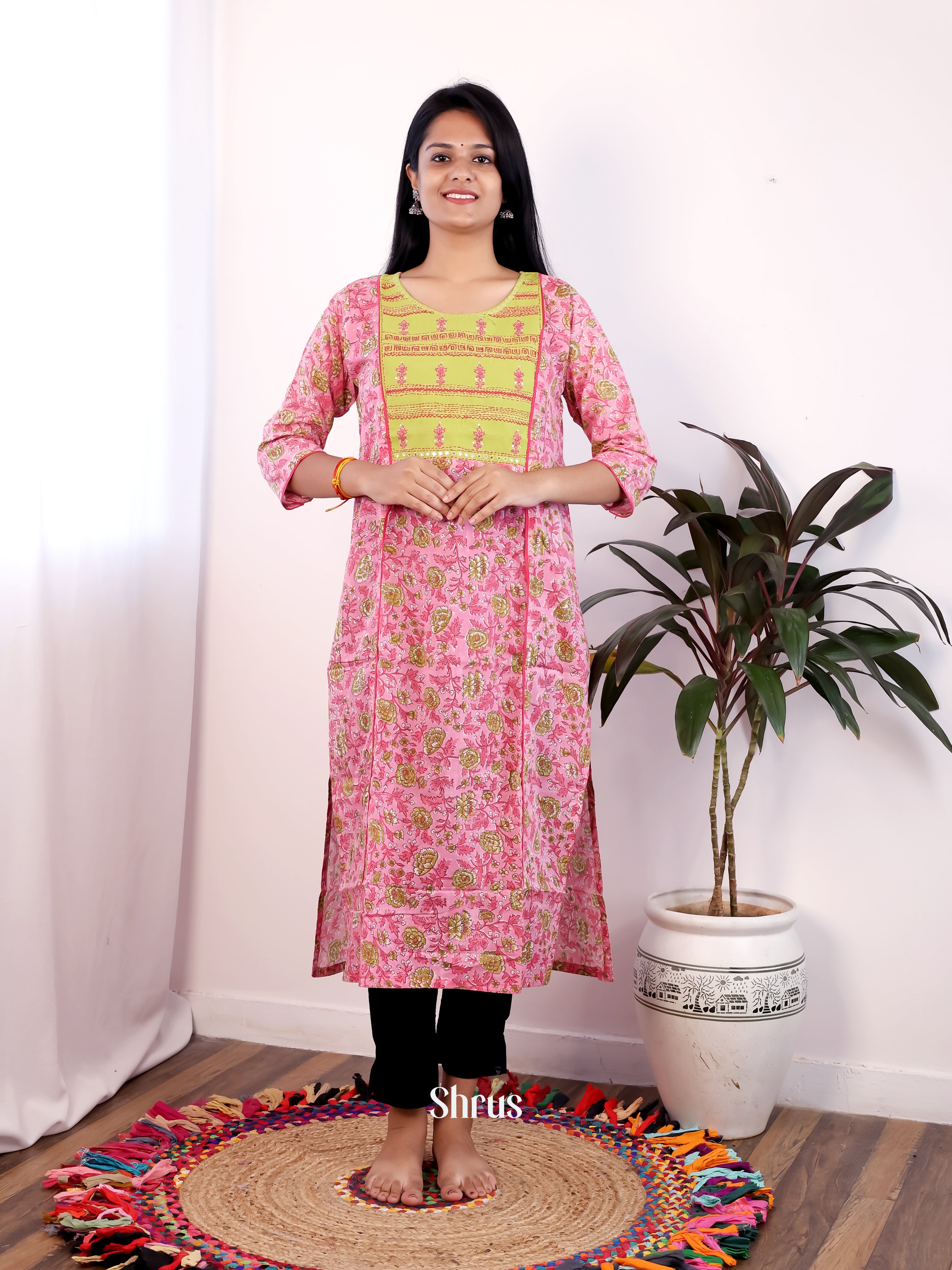 Pink & Green - Readymade Kurti - Shop on Shrus.com