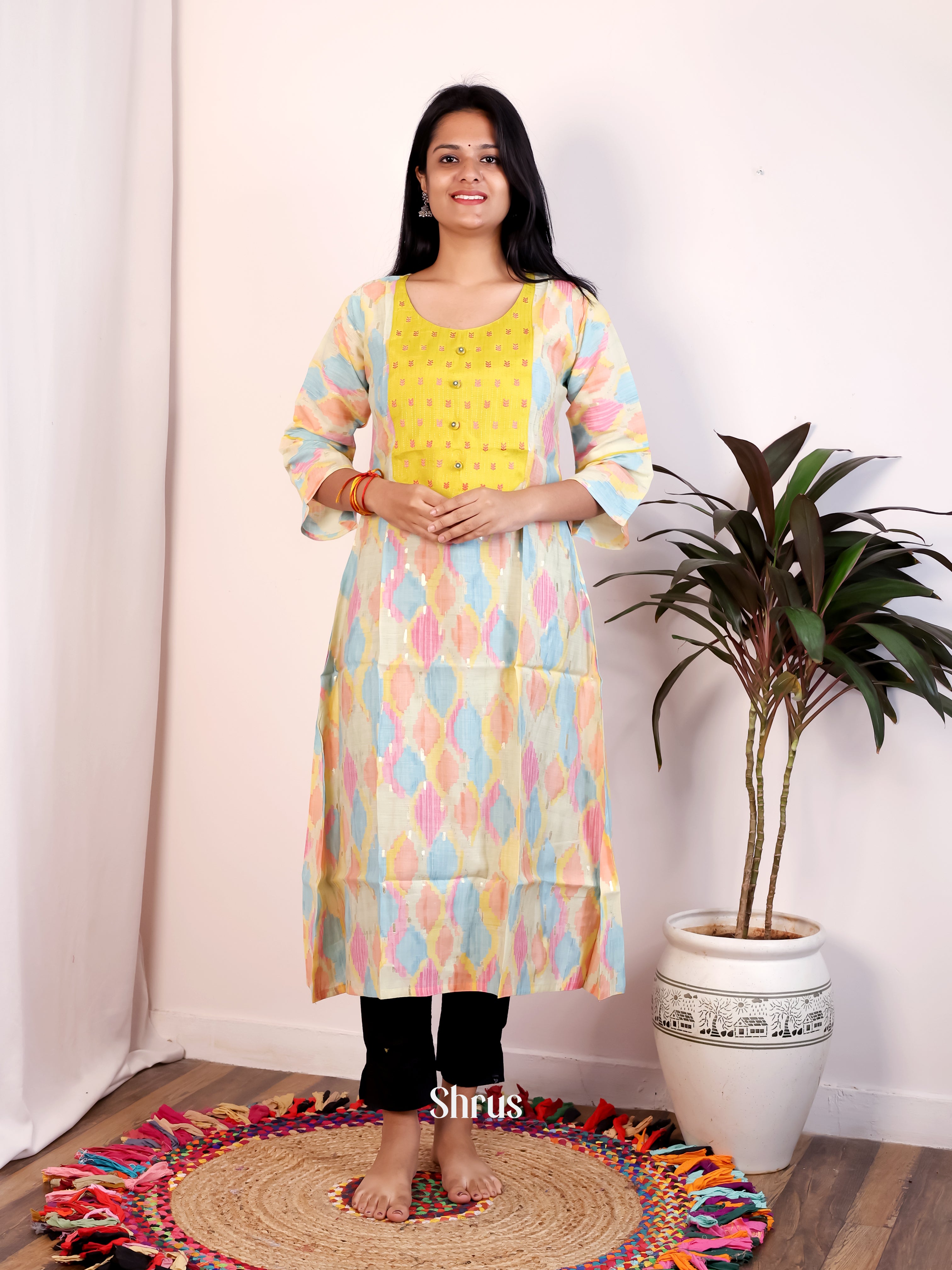 Cream & Yellow - Readymade Kurti - Shop on Shrus.com