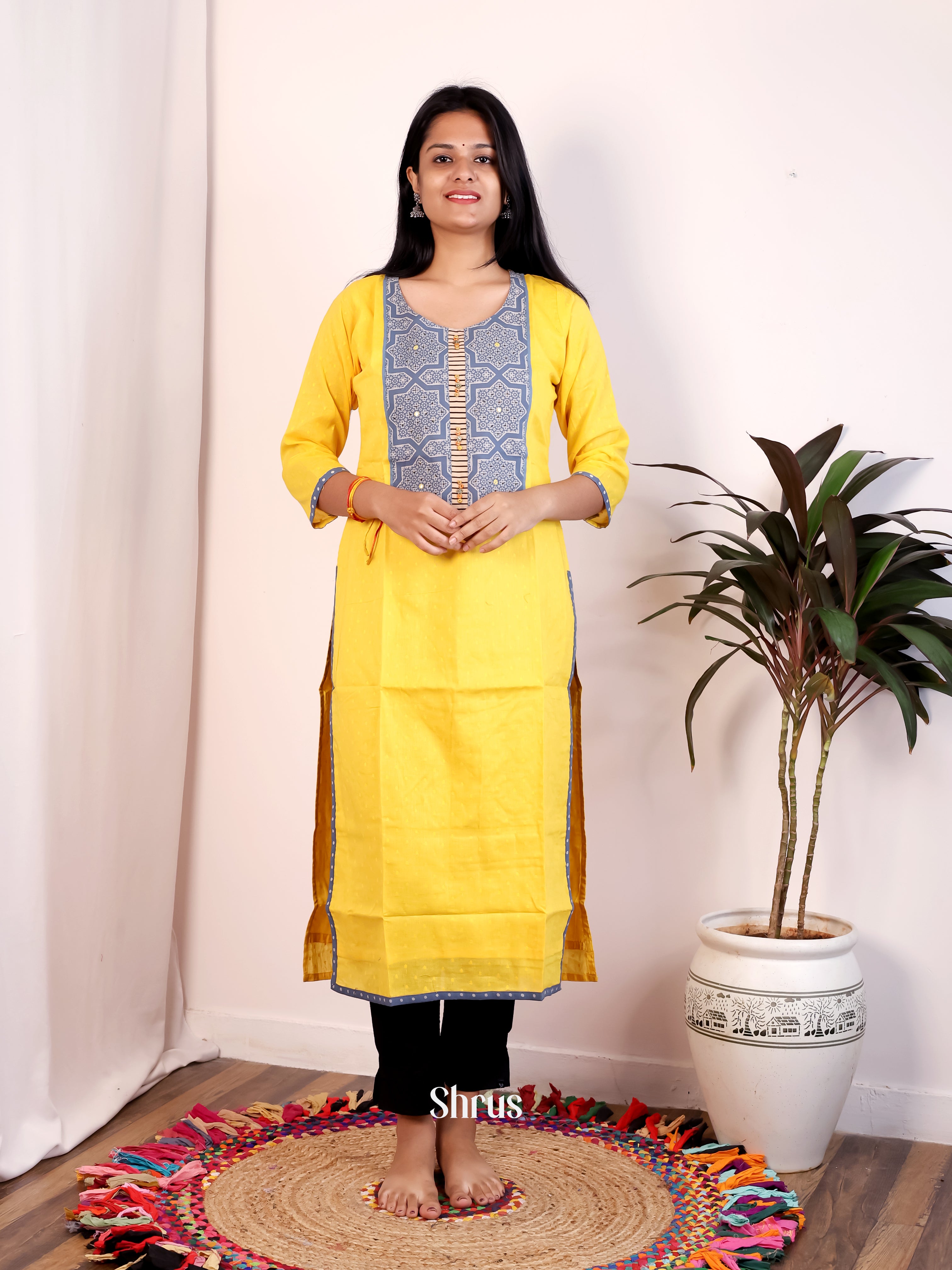 Yellow & Blue- Readymade Kurti - Shop on Shrus.com