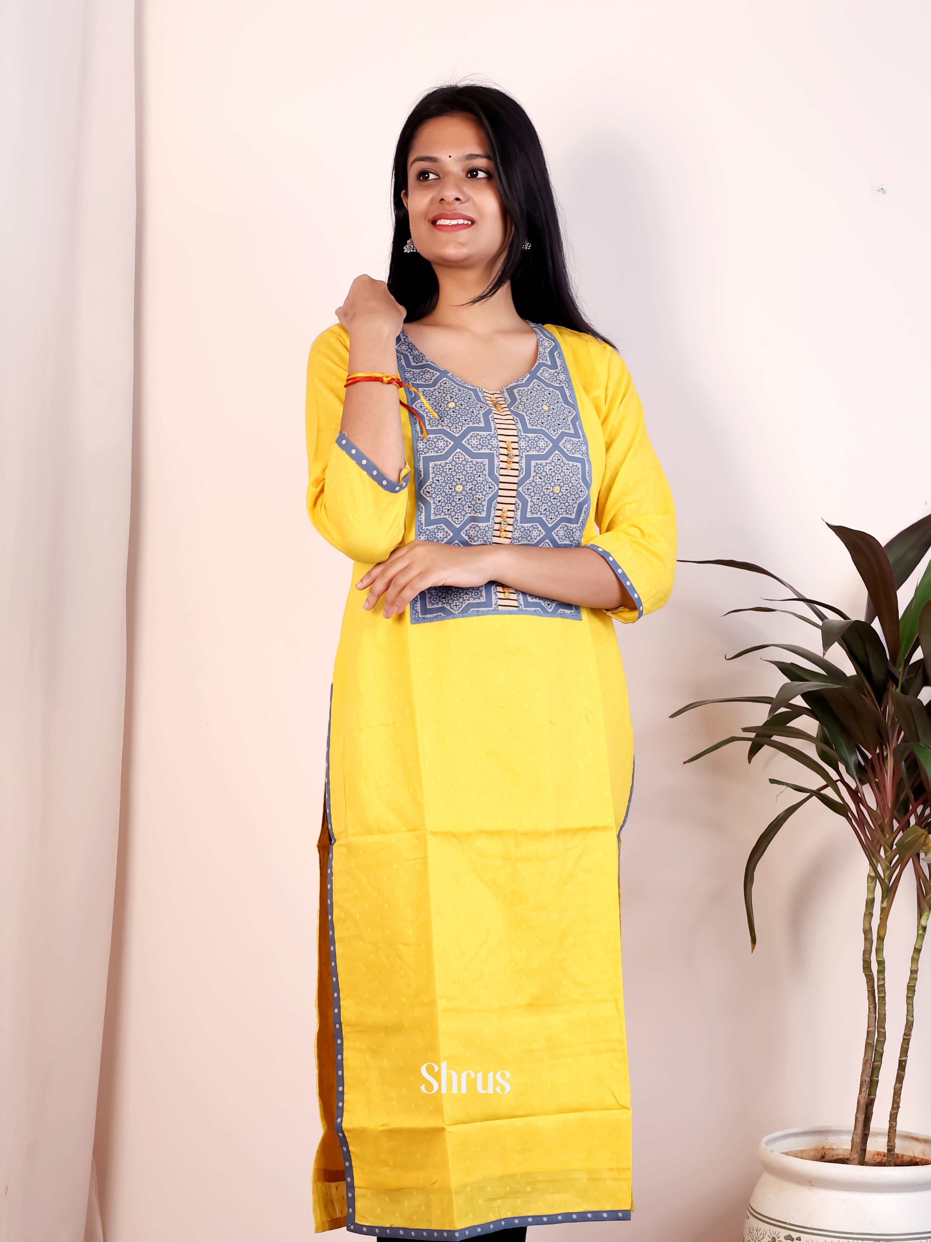Yellow & Blue- Readymade Kurti - Shop on Shrus.com