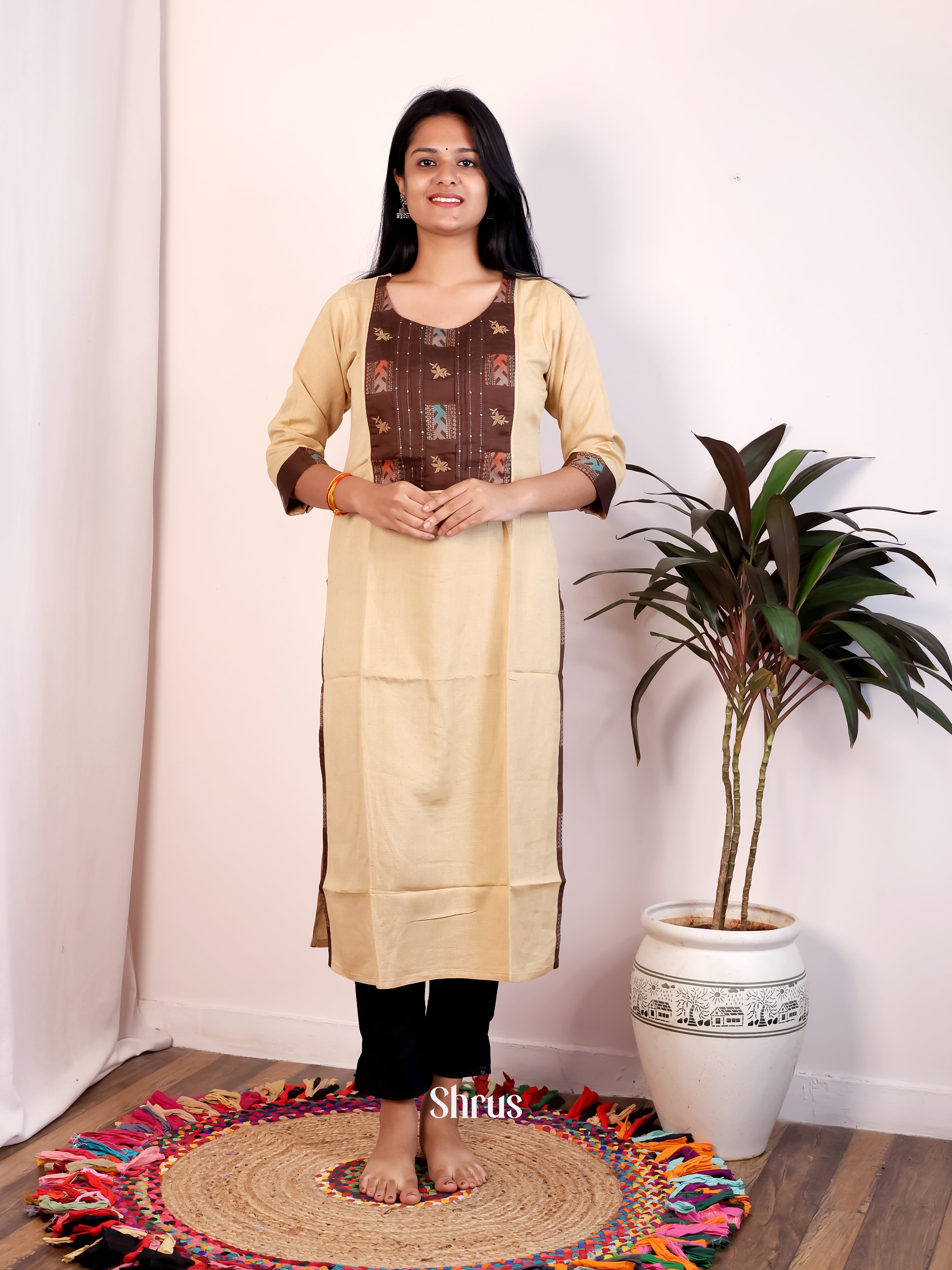 Cream & Brown - Readymade kurti - Shop on Shrus.com