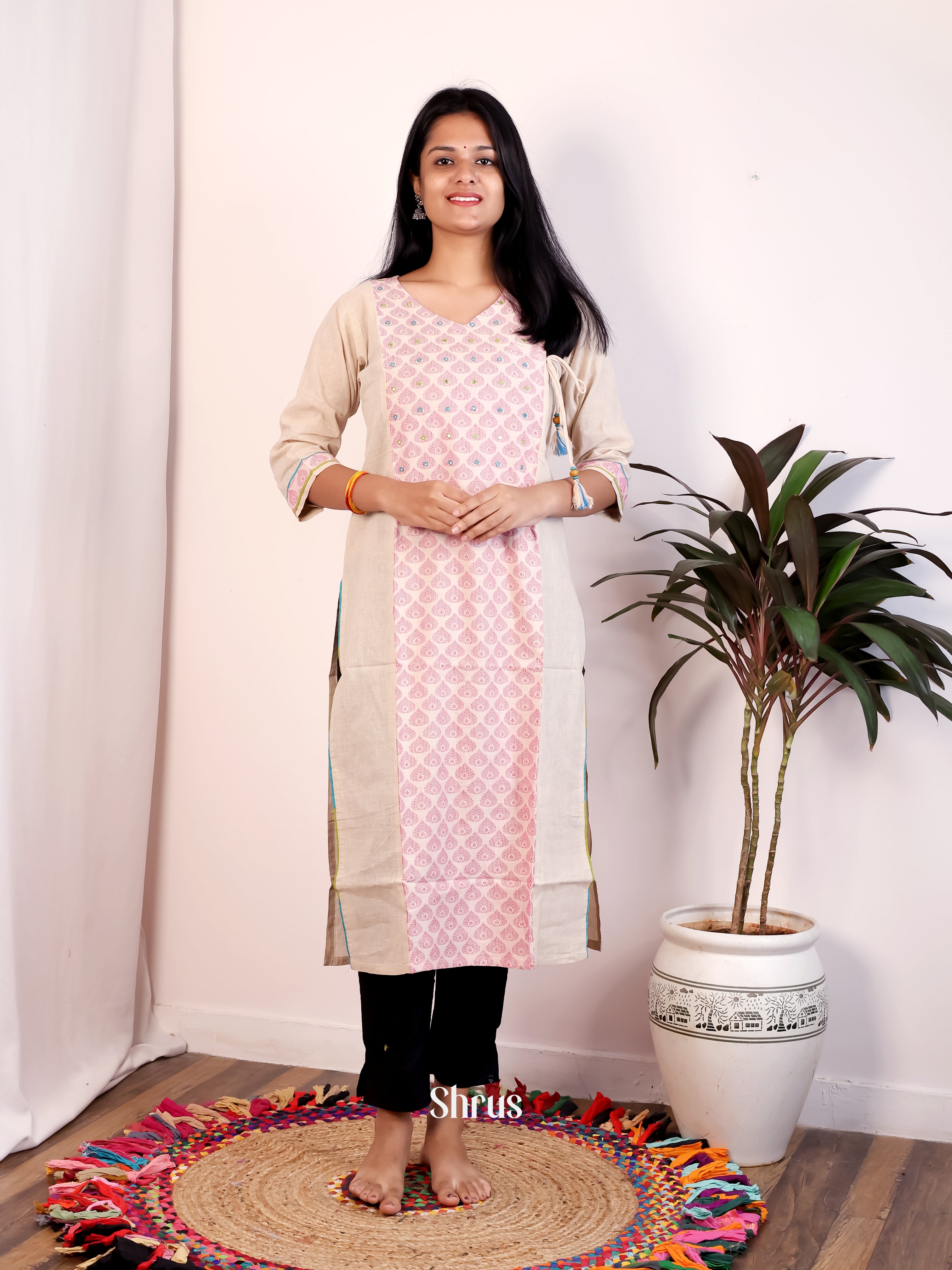 Cream & Pink- Readymade kurti - Shop on Shrus.com